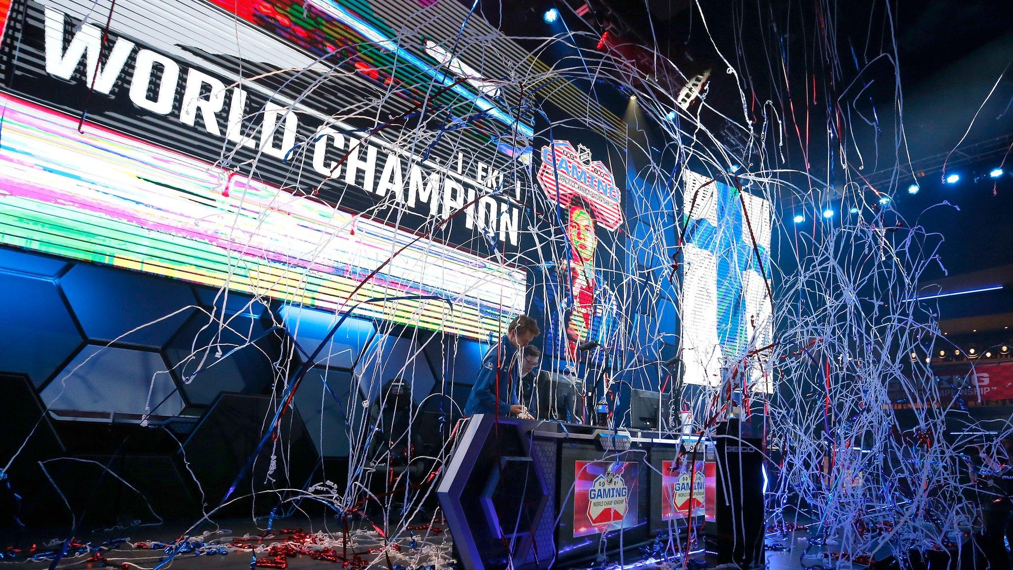 LAS VEGAS, NV - JUNE 19: A general vie of the stage is seen after Erik Tammenpaa, aka EKI, won the final round of the 2018 NHL Gaming World Championship at the Luxor Hotel and Casino on June 19, 2018 in Las Vegas, Nevada. (Photo by Eliot J. Schechter/NHLI via Getty Images)