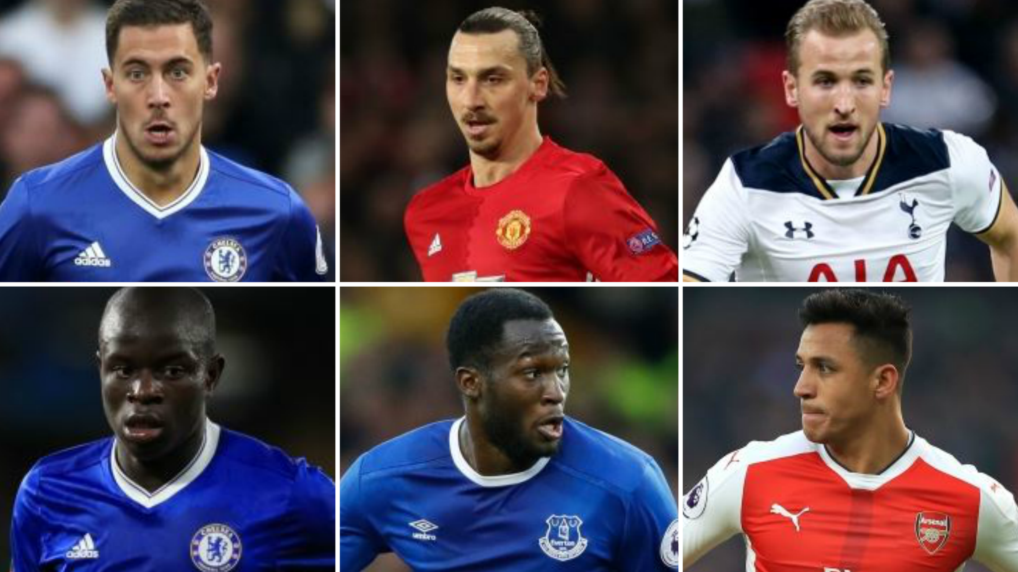 (top left to bottom right) Eden Hazard, Zlatan Ibrahimovic, Harry Kane, N'Golo Kante, Romelu Lukaku, Alexis Sanchez