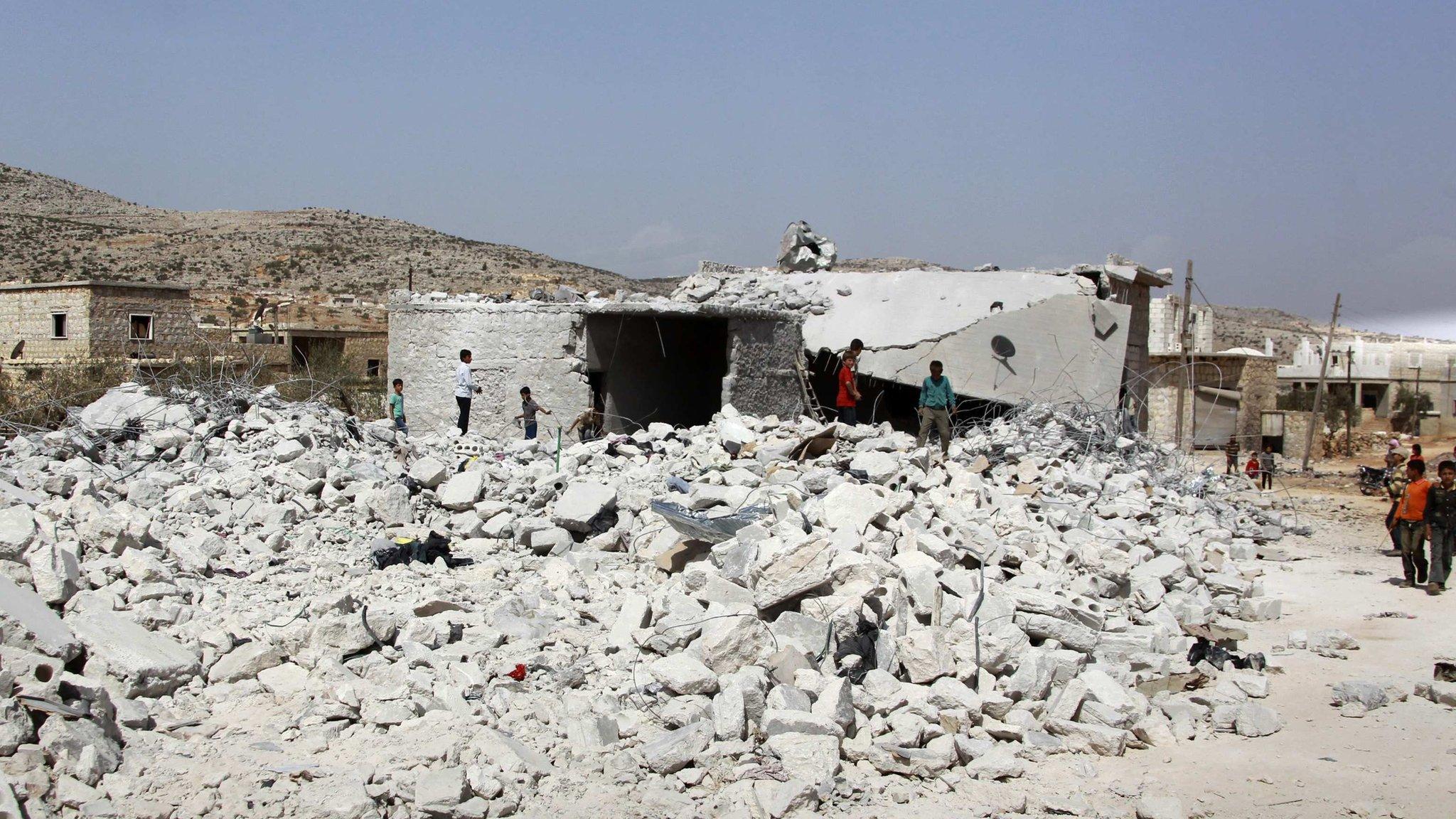 Damage said to have been caused by US air strikes against IS targets in Syria in September 2014