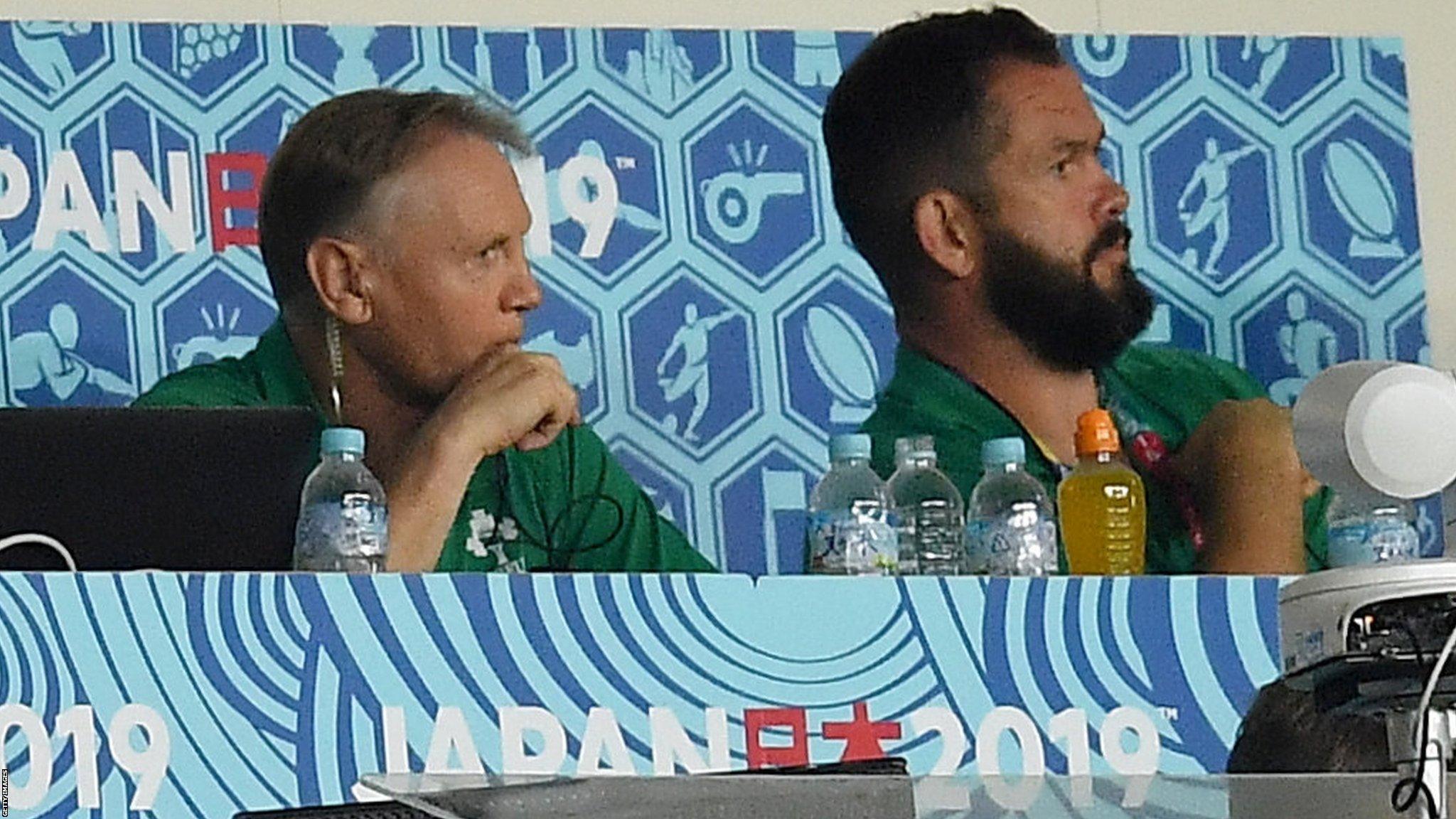 Joe Schmidt and Andy Farrell during Ireland's shock defeat by Japan