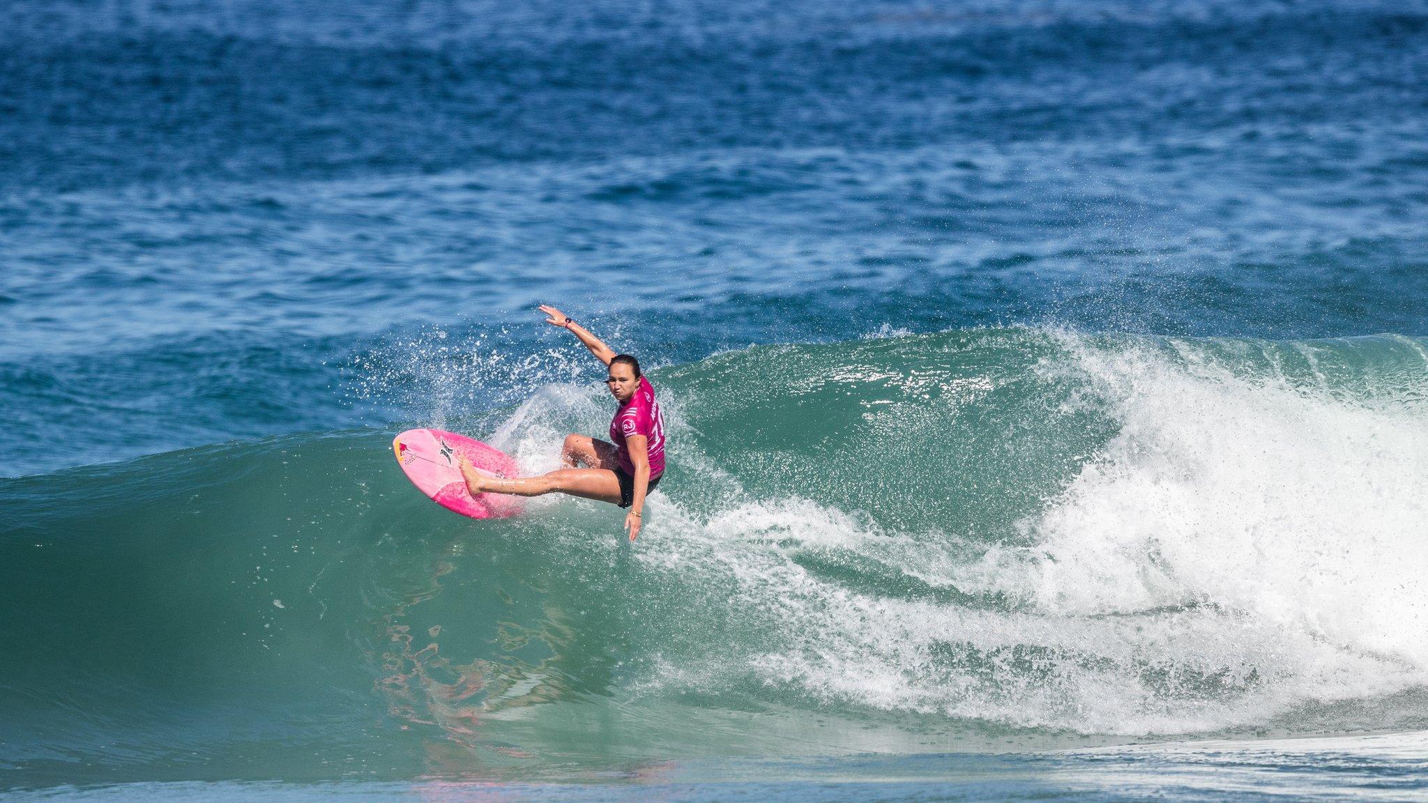 RIO DE JANEIRO, BRAZIL - JUNE 23: Three-time WSL Champion Carissa Moore advances to the final of the 2019 Oi Rio Pro after winning Semi Final Heat 2 at Saquarema on June 23, 2019 in Rio de Janeiro, Brazil. (Photo by Thiago Diz/WSL via Getty Images)