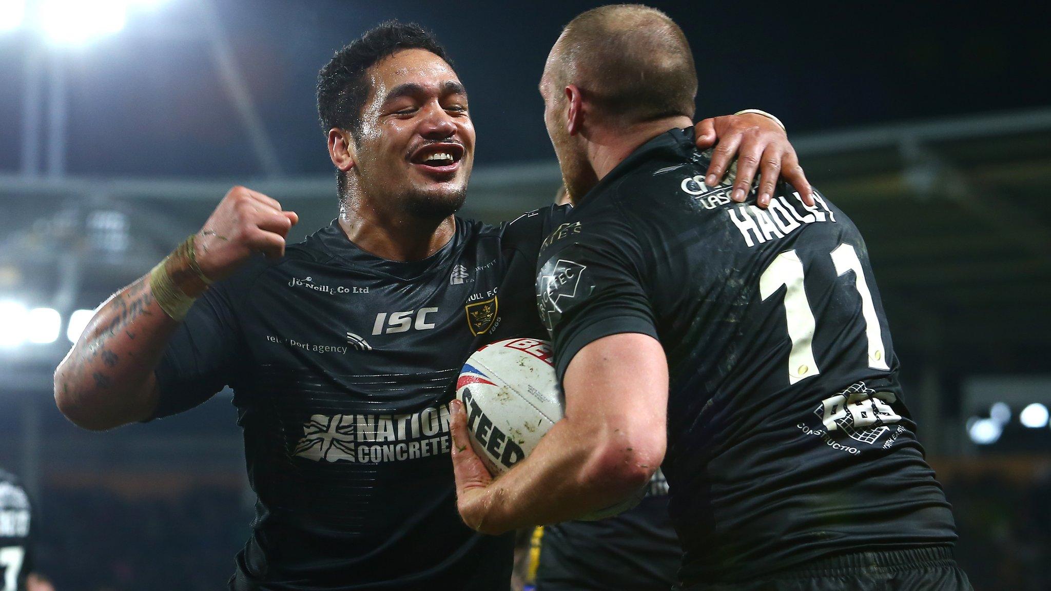 Bureta Faraimo and Dean Hadley Hull FC celebrate against Leeds