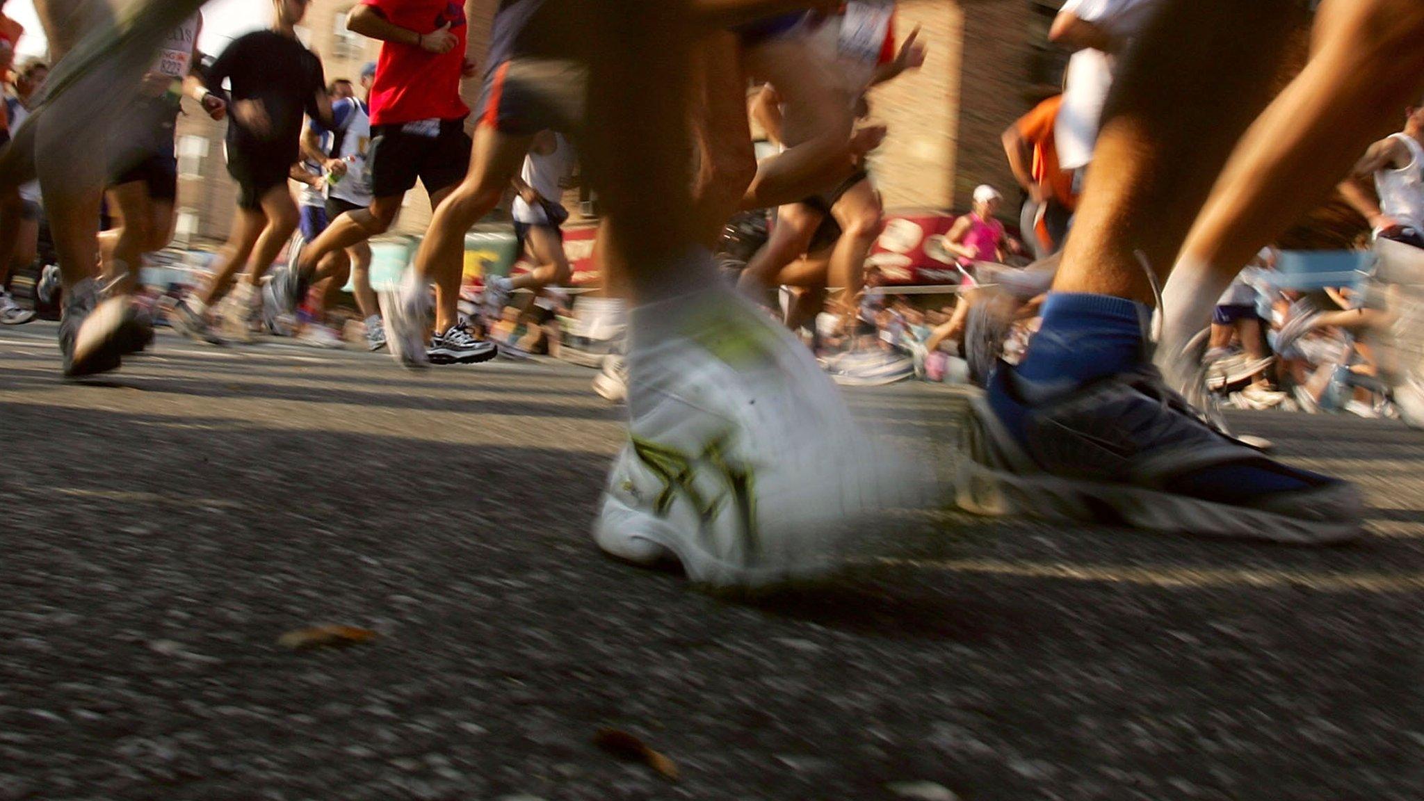 Shoes of runners in a marathon