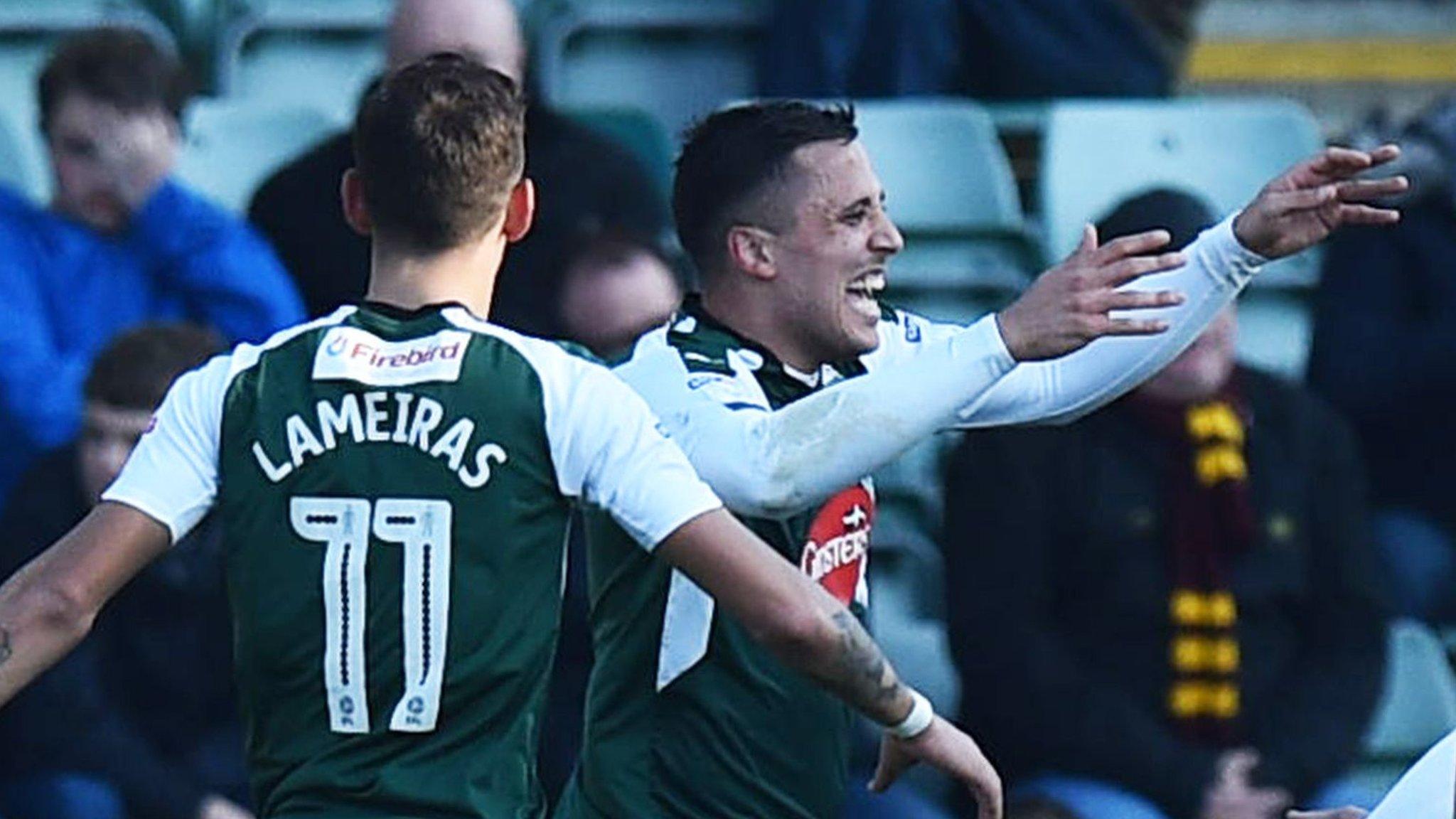 Plymouth Argyle's Antoni Sarcevic celebrates scoring against Bradford City