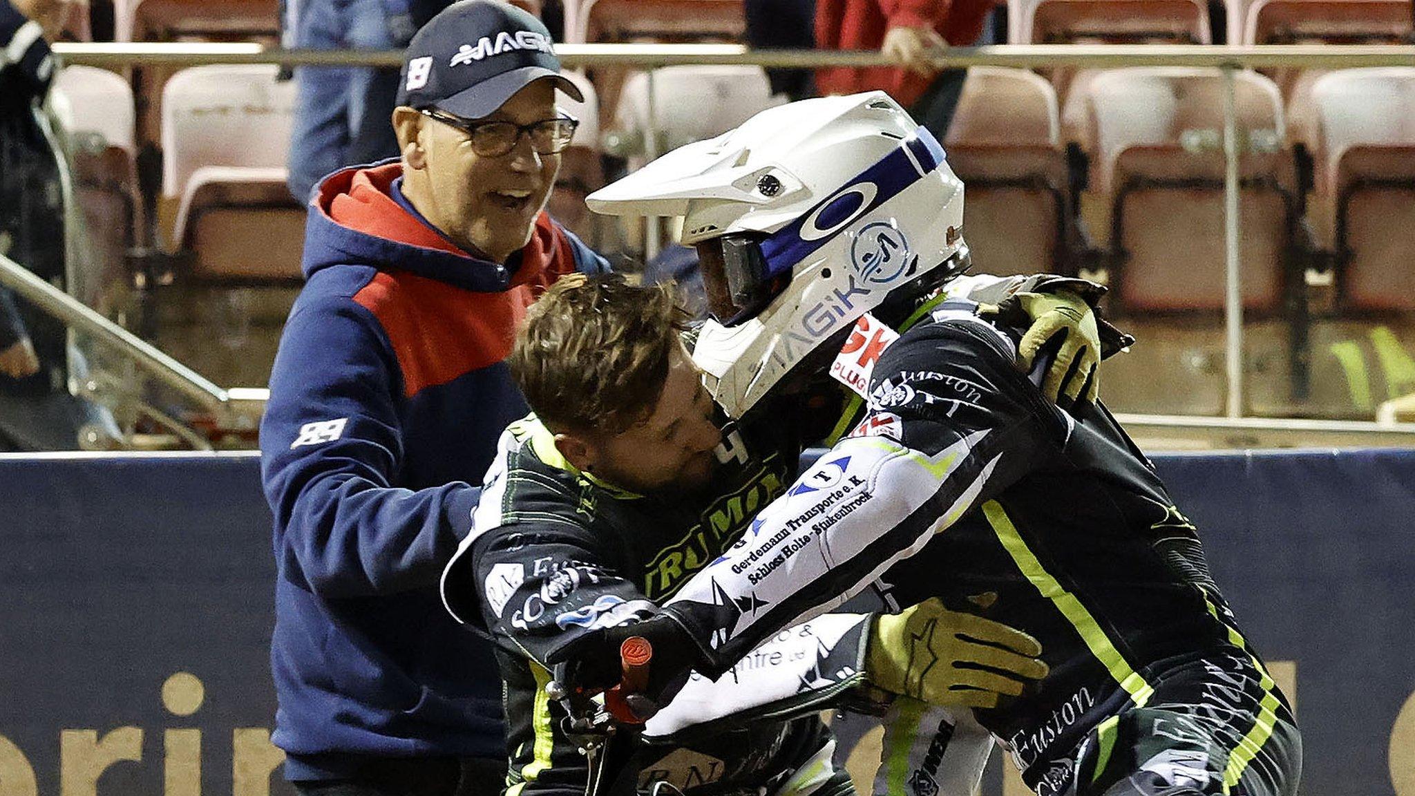 Emil Sayfutdinov is congratulated after heat 15 against Belle Vue