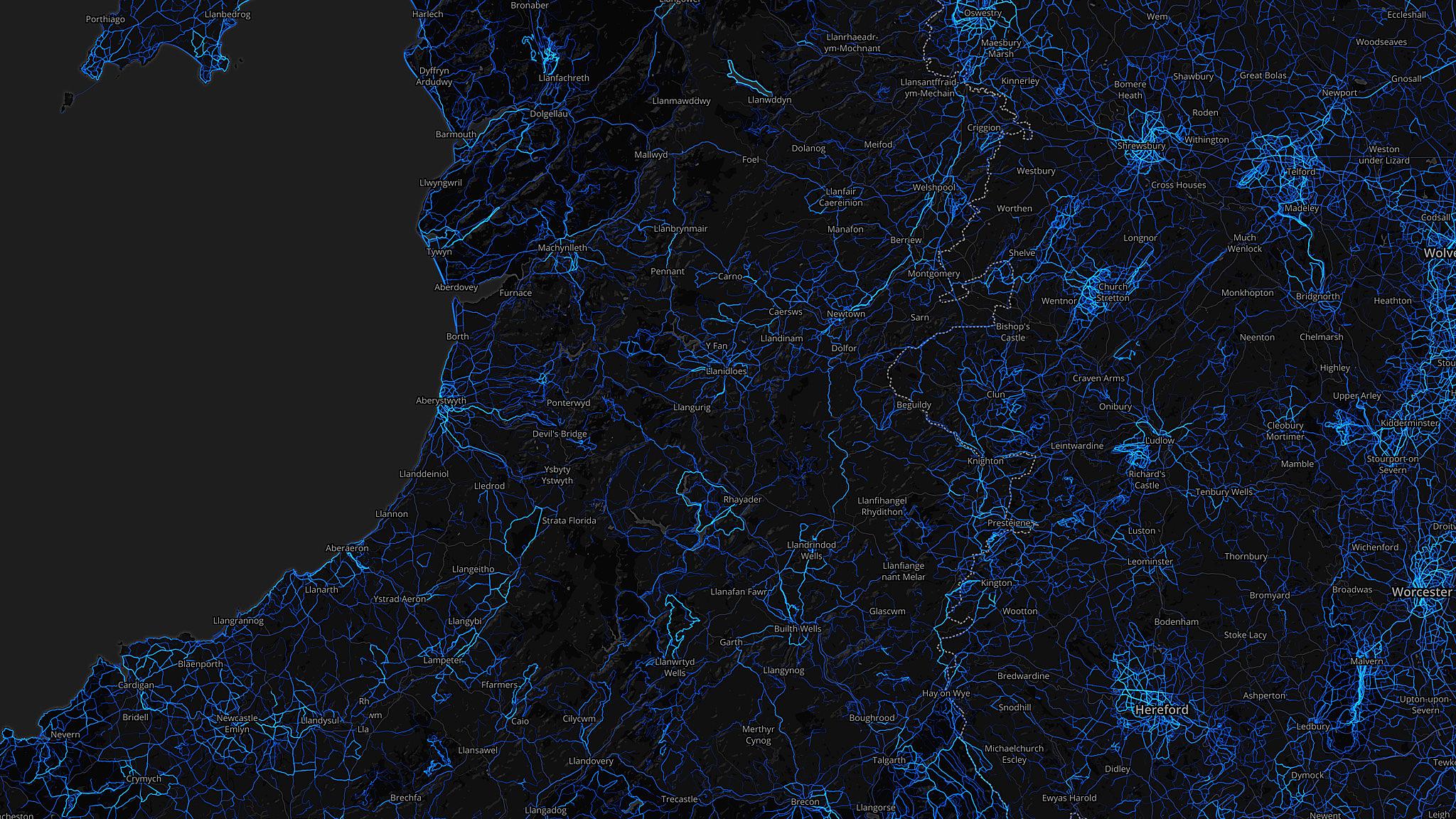 Powys - running routes (by Strava users 2015)