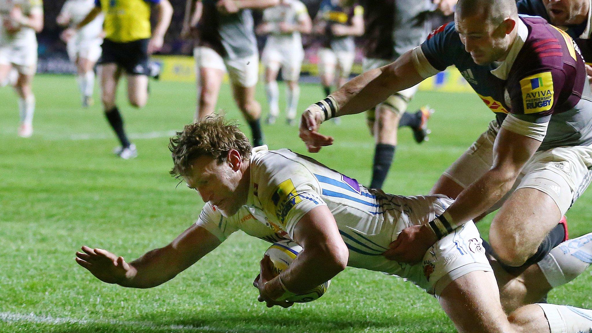 Lachlan Turner of Exeter Chiefs goes over for a try