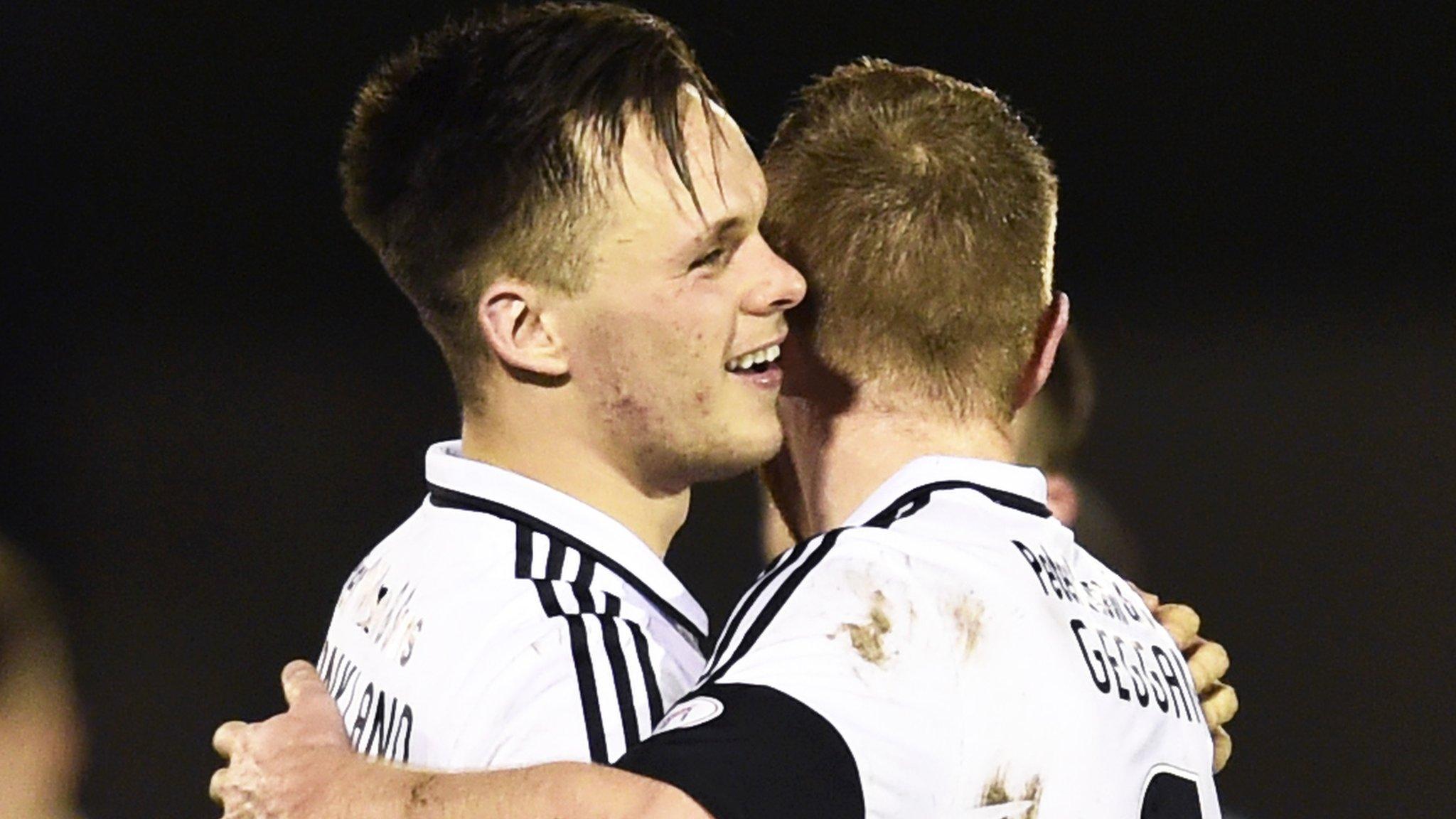 Lawrence Shankland and Andy Geggan of Ayr United celebrate