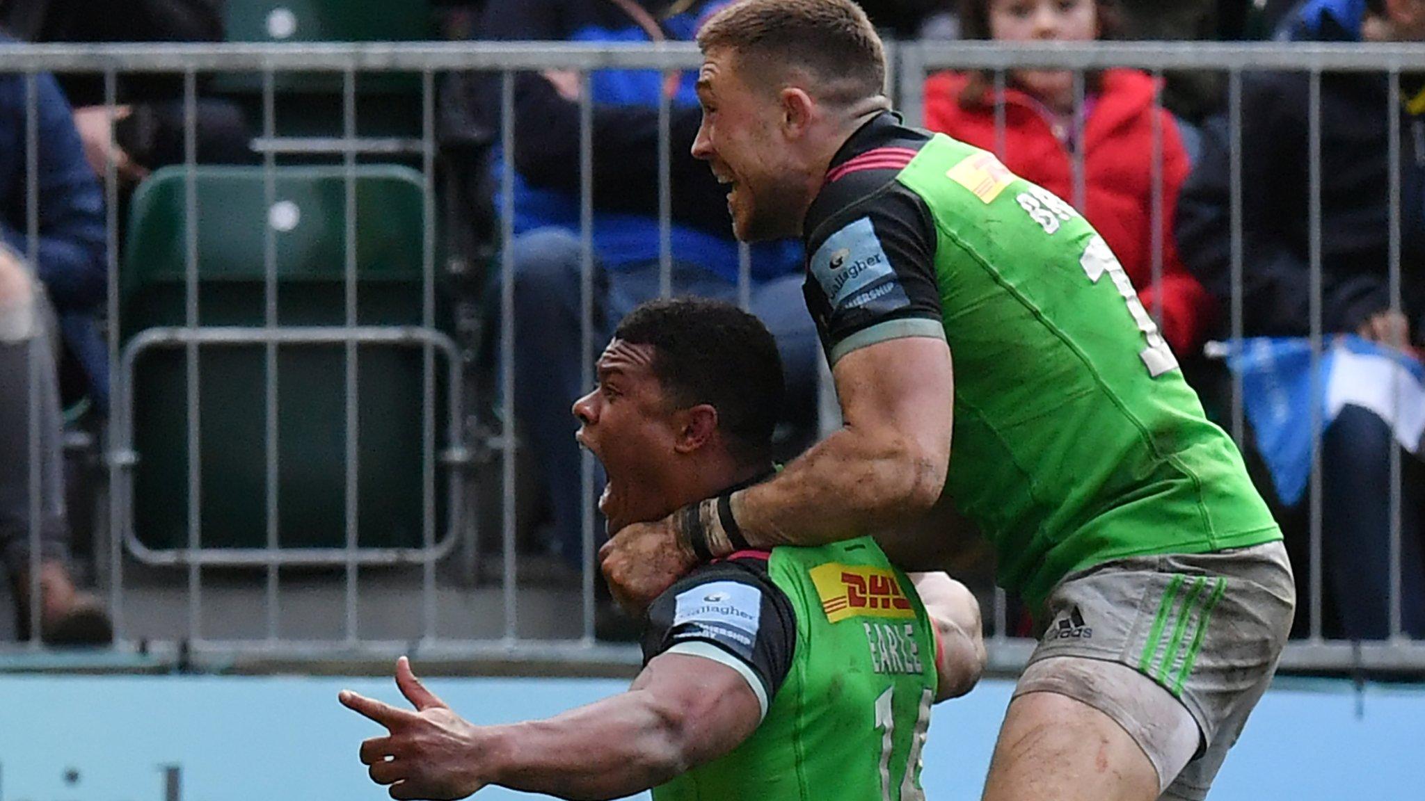 Nathan Earle celebrates his try for Harlequins at Bath