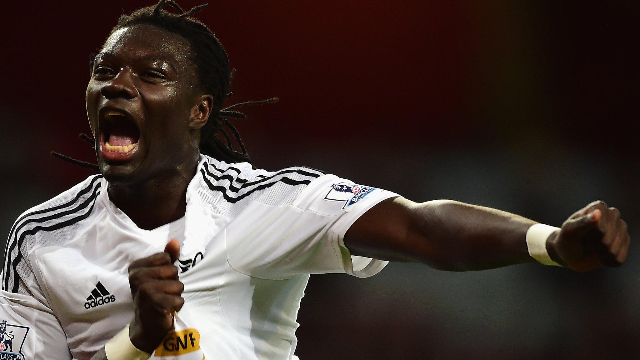 Bafetimbi Gomis celebrates his winning goal at Arsenal in May, 2015