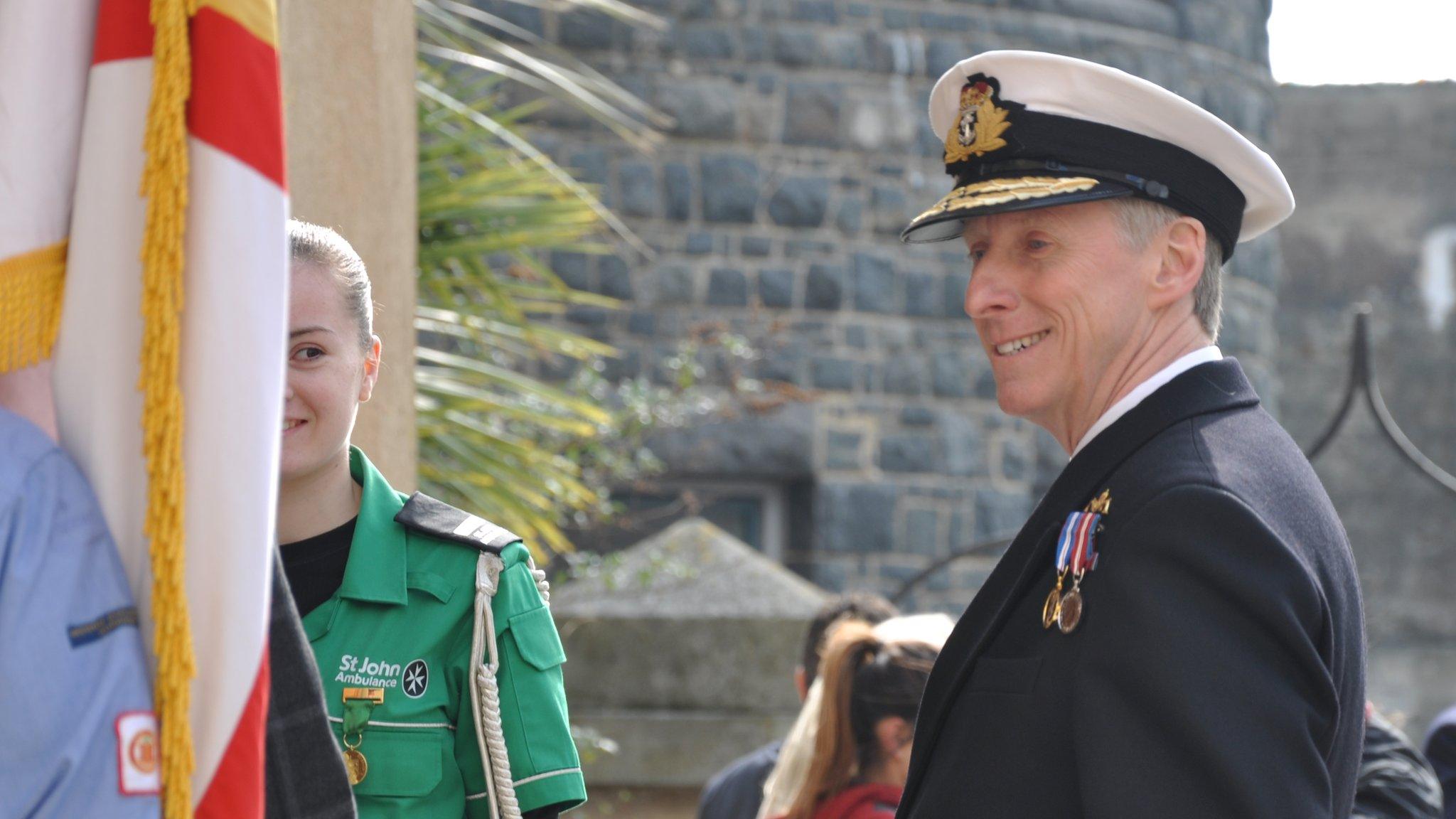 Vice Admiral Ian Corder CB and Lieutenant Governor's cadets holding colours