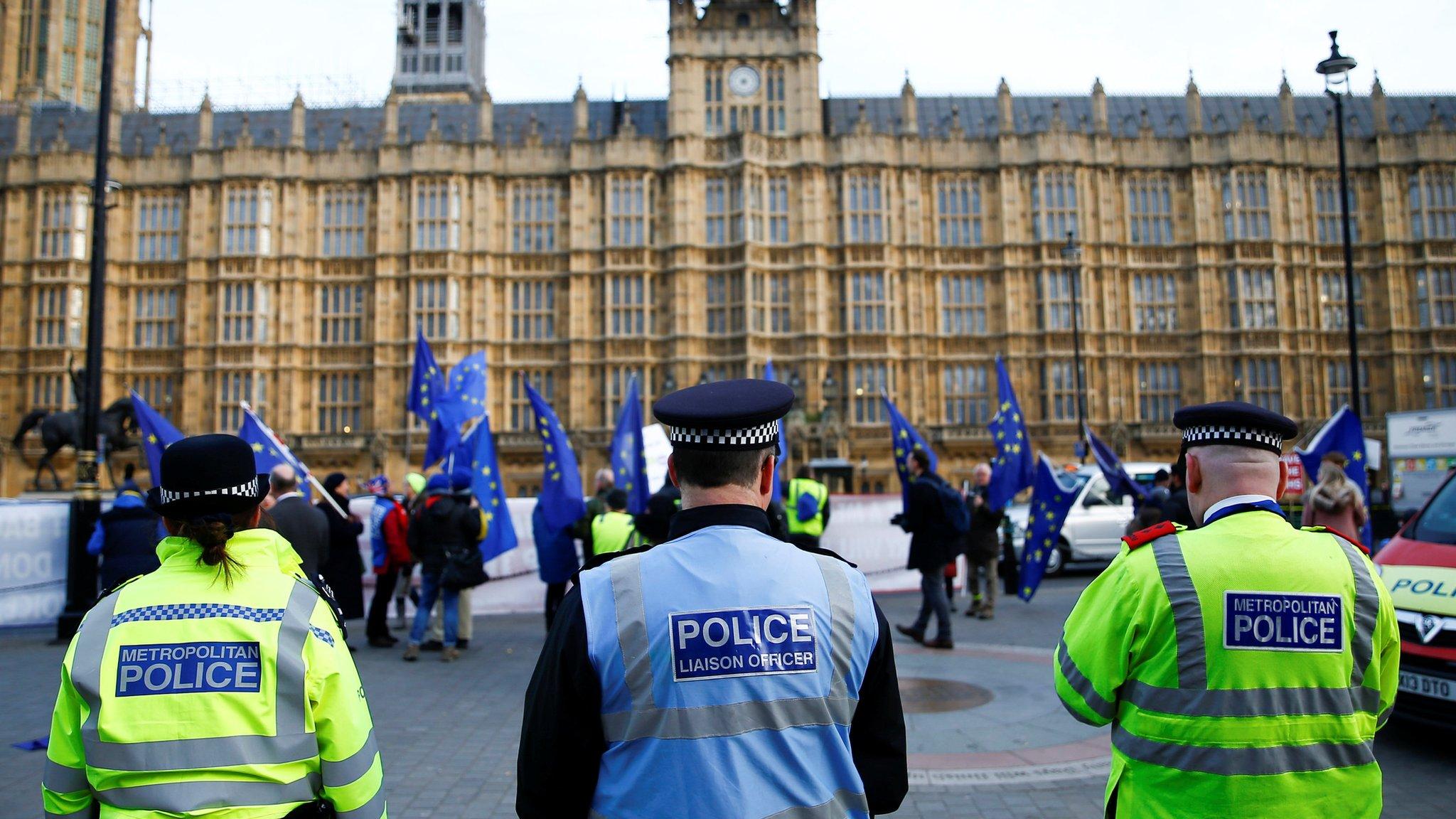 Police stand near to anti-Brexit demonstrators outside the Houses of Parliament in London