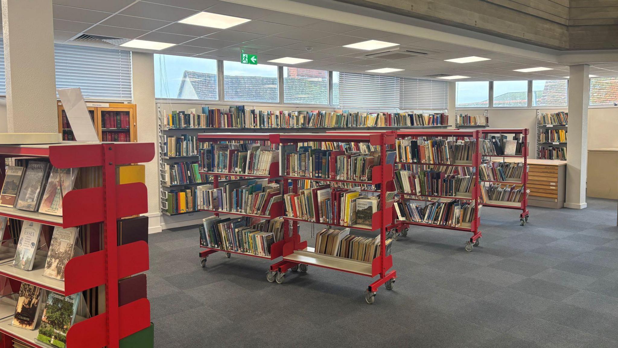 Rows of books on shelves. The shelves are red and the carpet is grey. 