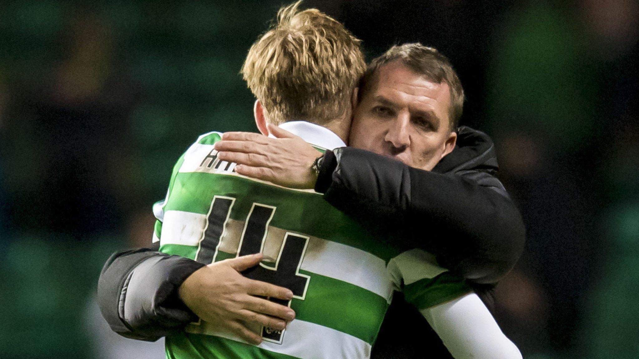 Celtic's Stuart Armstrong is congratulated by manager Brendan Rodgers