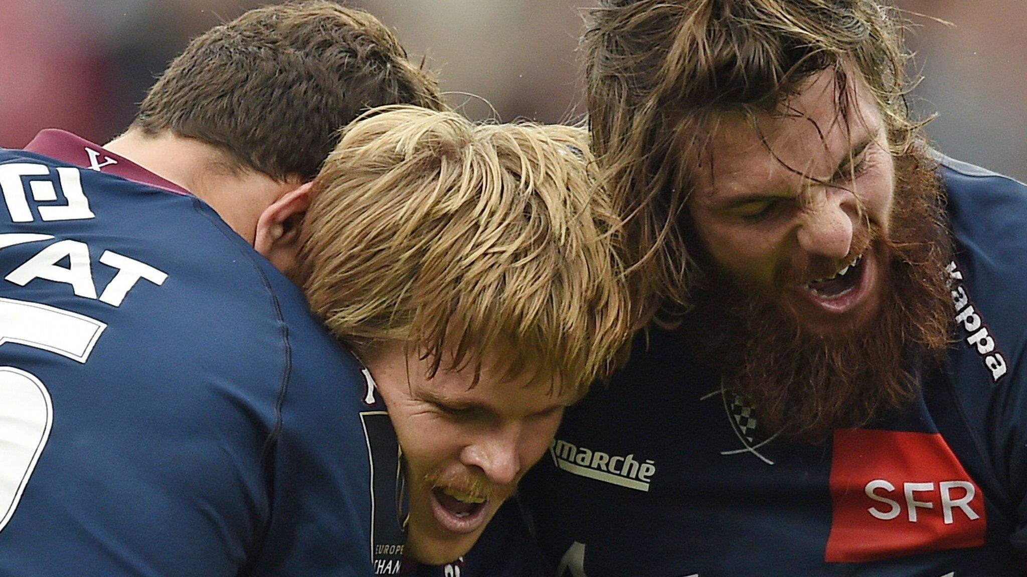 Blair Connor is congratulated by Bordeaux team-mates after scoring the final try of the match