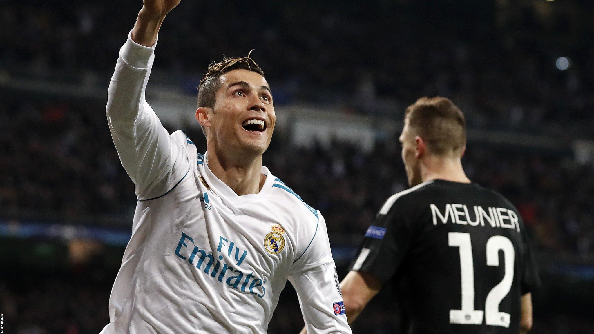 Cristiano Ronaldo celebrates his first goal against Paris St Germain