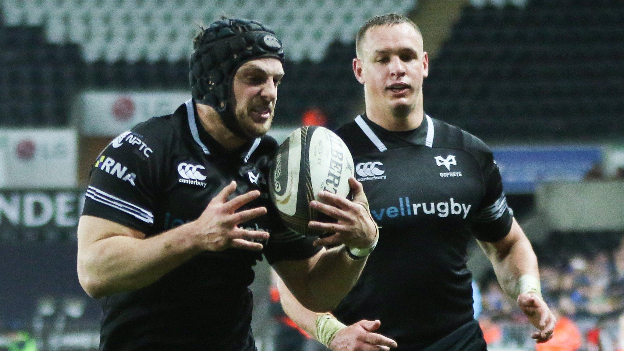 Dan Evans of Ospreys dives in to score the second try
