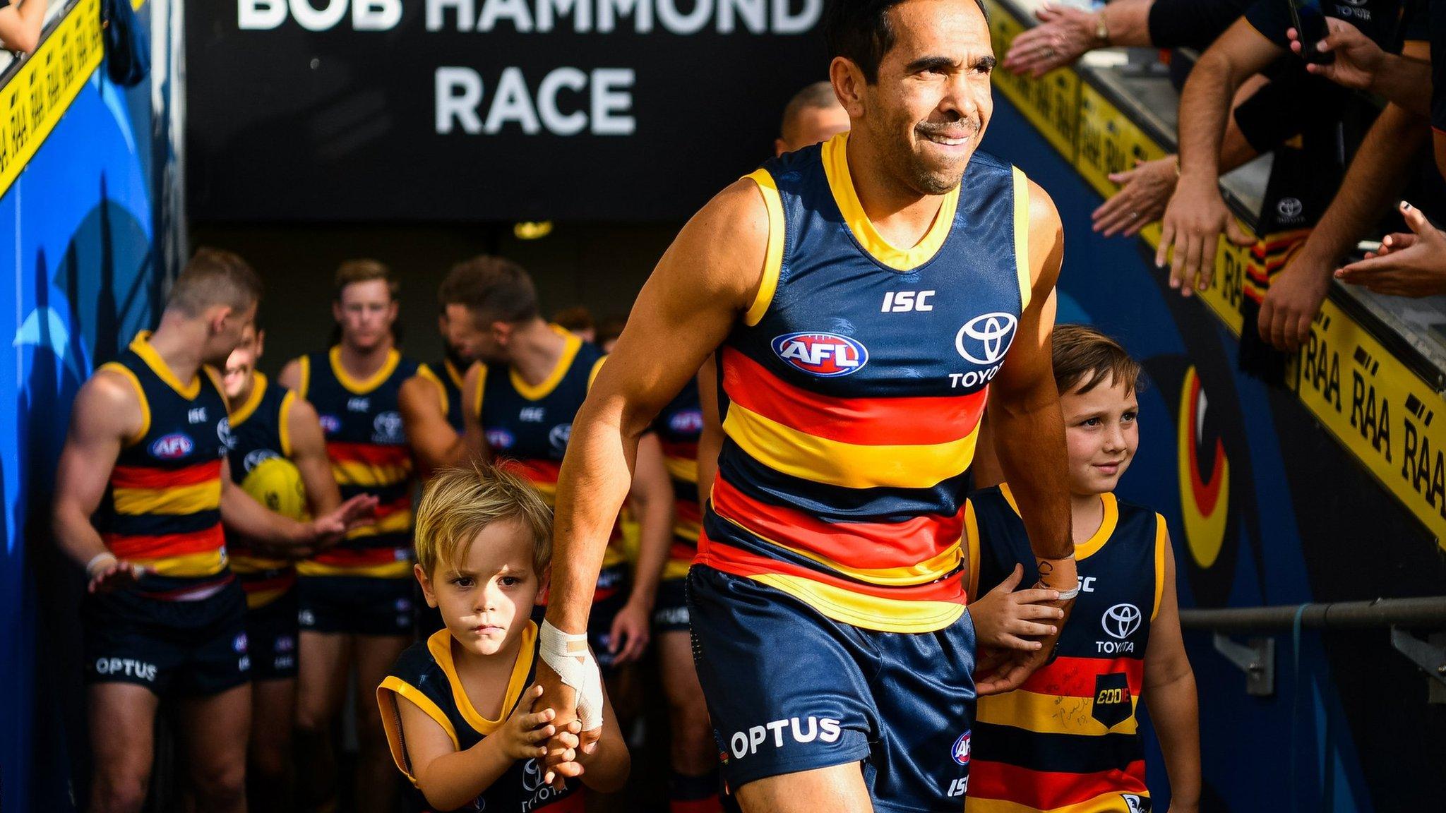 ADELAIDE, AUSTRALIA - APRIL 21: Eddie Betts of the Crows walks onto the ground for his 300th AFL game during the round 5 AFL match between Adelaide and Gold Coast at Adelaide Oval on April 21, 2019 in Adelaide, Australia. (Photo by Daniel Kalisz/Getty Images)