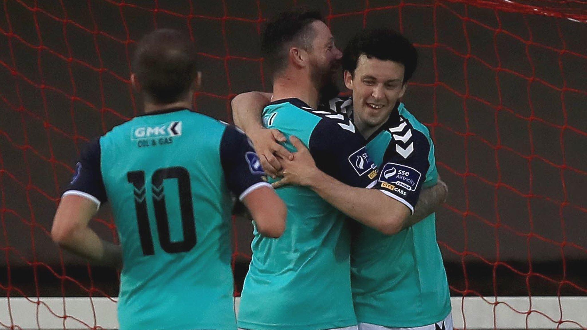 Barry McNamee celebrates scoring for Derry against St Pat's Athletic