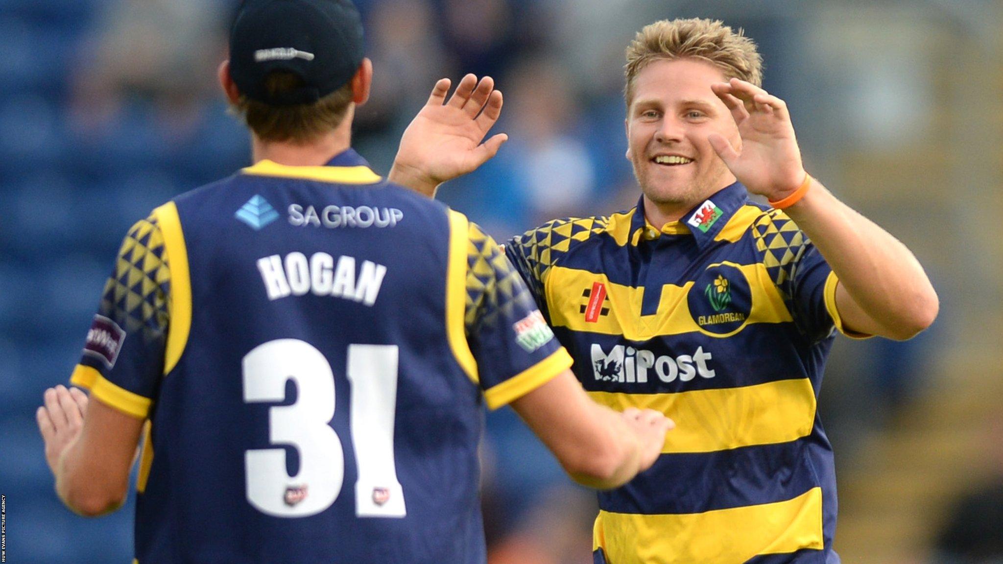 Timm van der Gugten celebrates a wicket with Michael Hogan