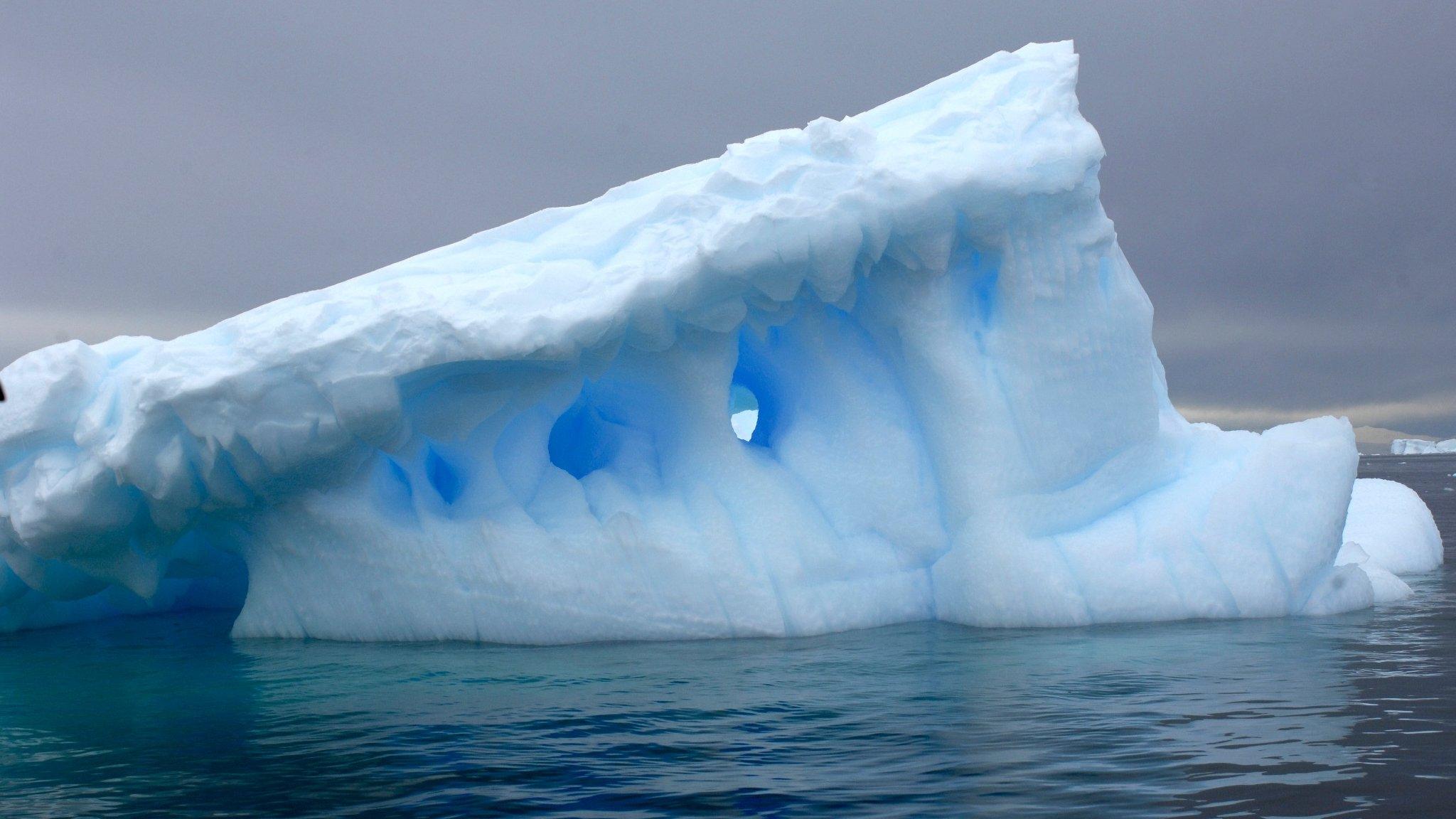 Icebergs drift in the sea in Cierva Cove, on the coast of the Antarctic Peninsula in Antarctica.