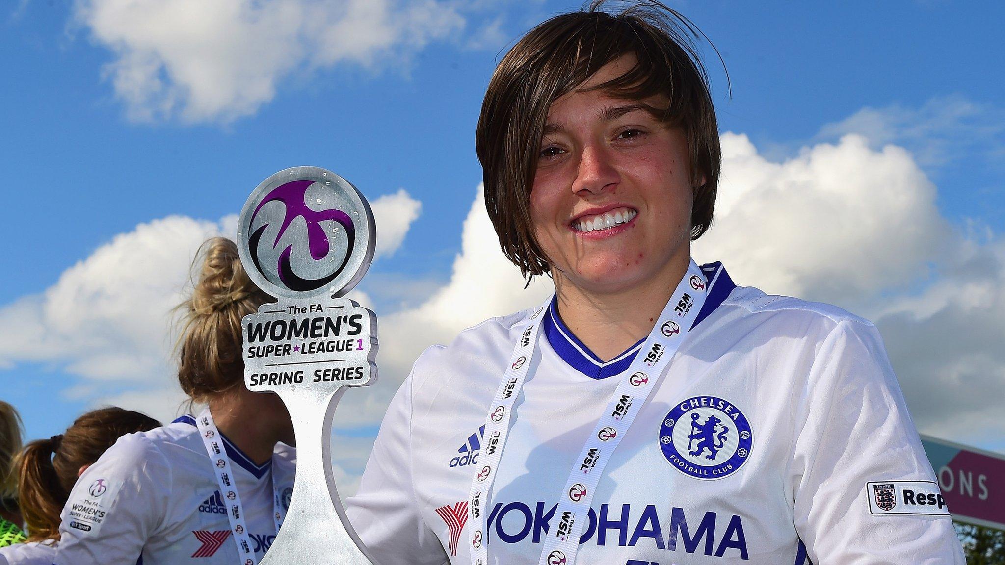 Chelsea Ladies striker Fran Kirby holds the WSL Spring Series trophy