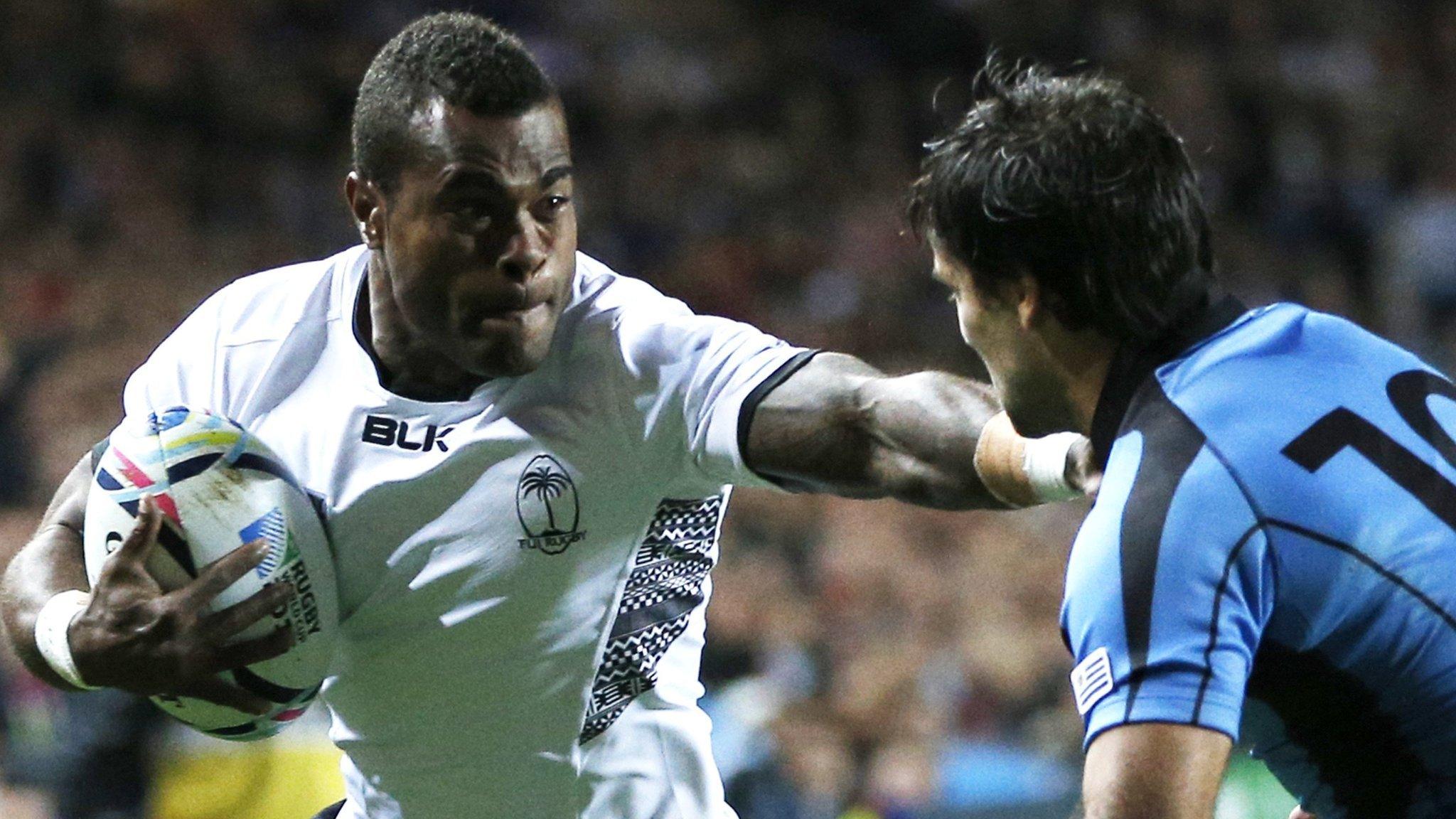 Nemia Kenatale (left) in action for Fiji against Uruguay