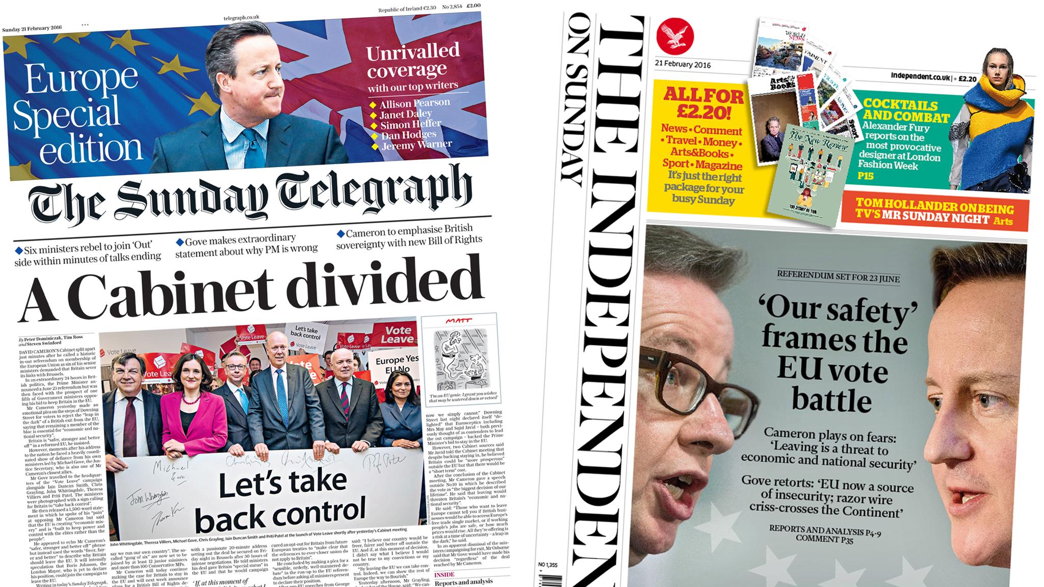 Telegraph/Independent front pages