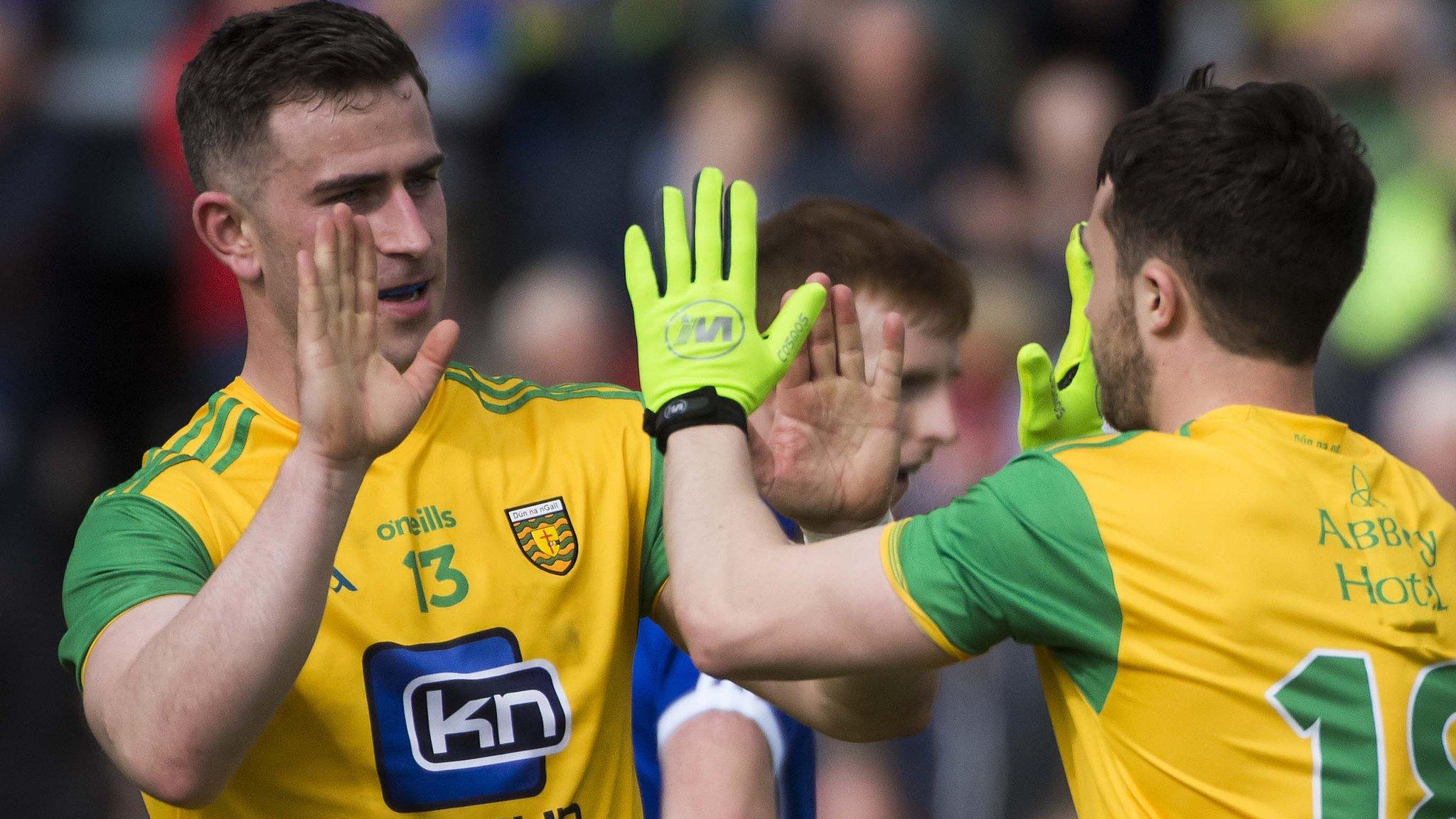 Patrick McBrearty congratulates Donegal goalscorer Cian Mulligan