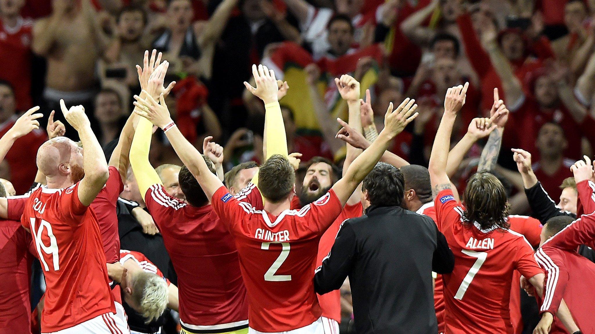 Wales players celebrate after victory over Belgium in the Euro 2016 quarter-finals