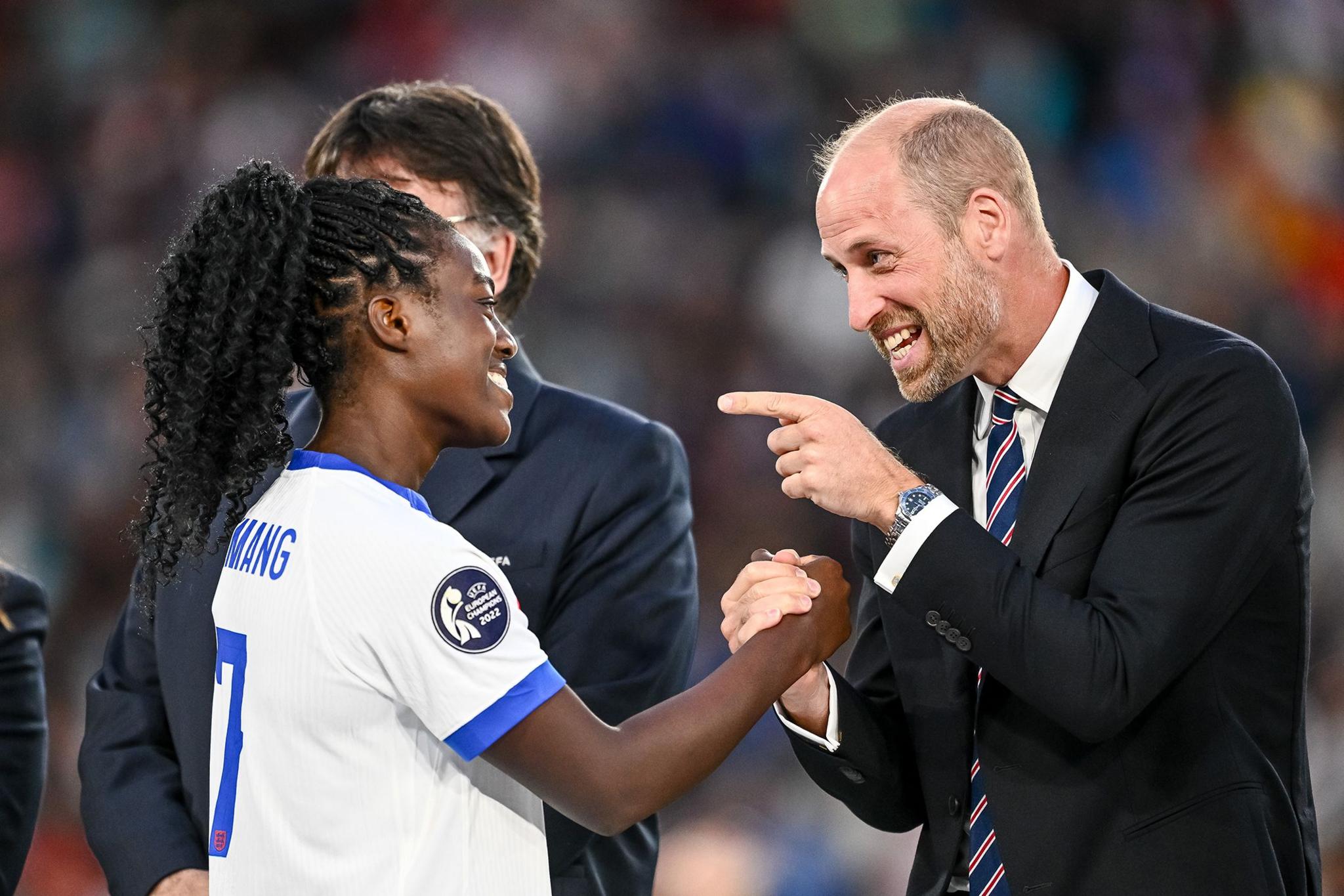 England's Michelle Agyemang is congratulated by Prince William after the Euro 2025 final. Photo by Harry Langer