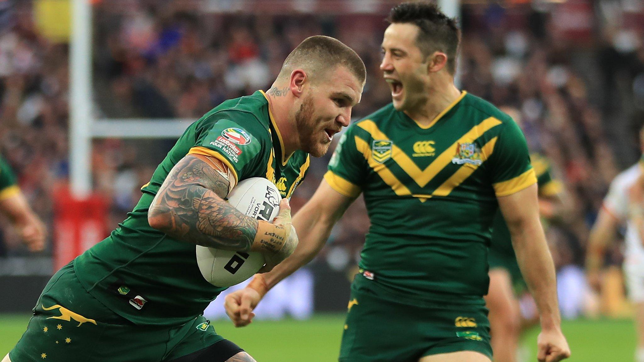 Josh Dugan scores as Australia celebrate