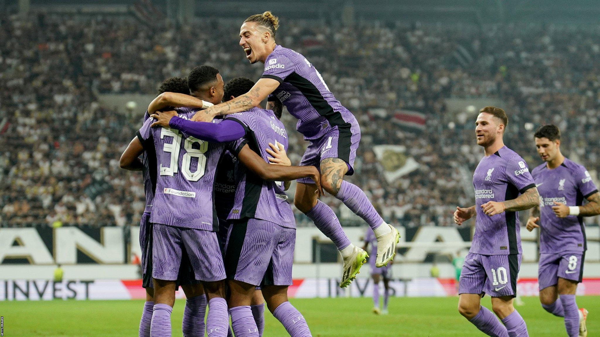 Liverpool players celebrate against LASK Linz