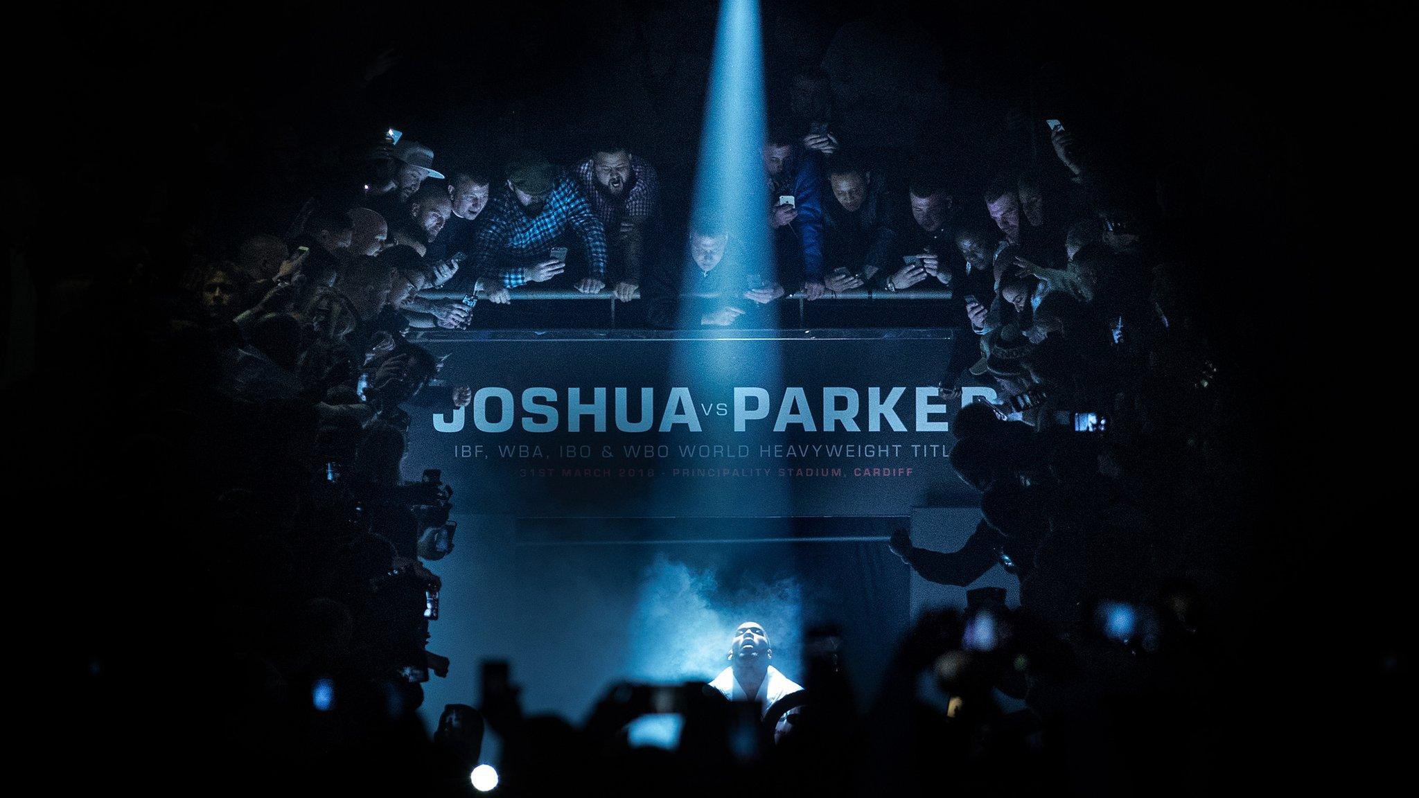 Anthony Joshua walks to the ring prior to his WBA, IBF, WBO & IBO Heavyweight Championship title fight against Joseph Parker at Principality Stadium March 31, 2018 in Cardiff, Wales.