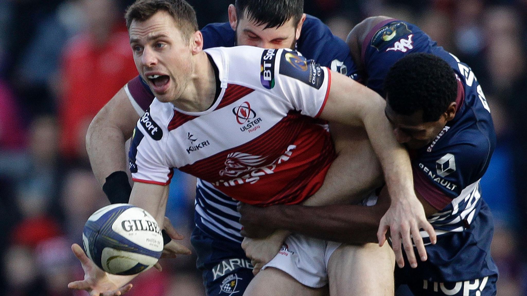 Ulster wing Tommy Bowe is tackled by Jo Vakacegu of Bordeaux