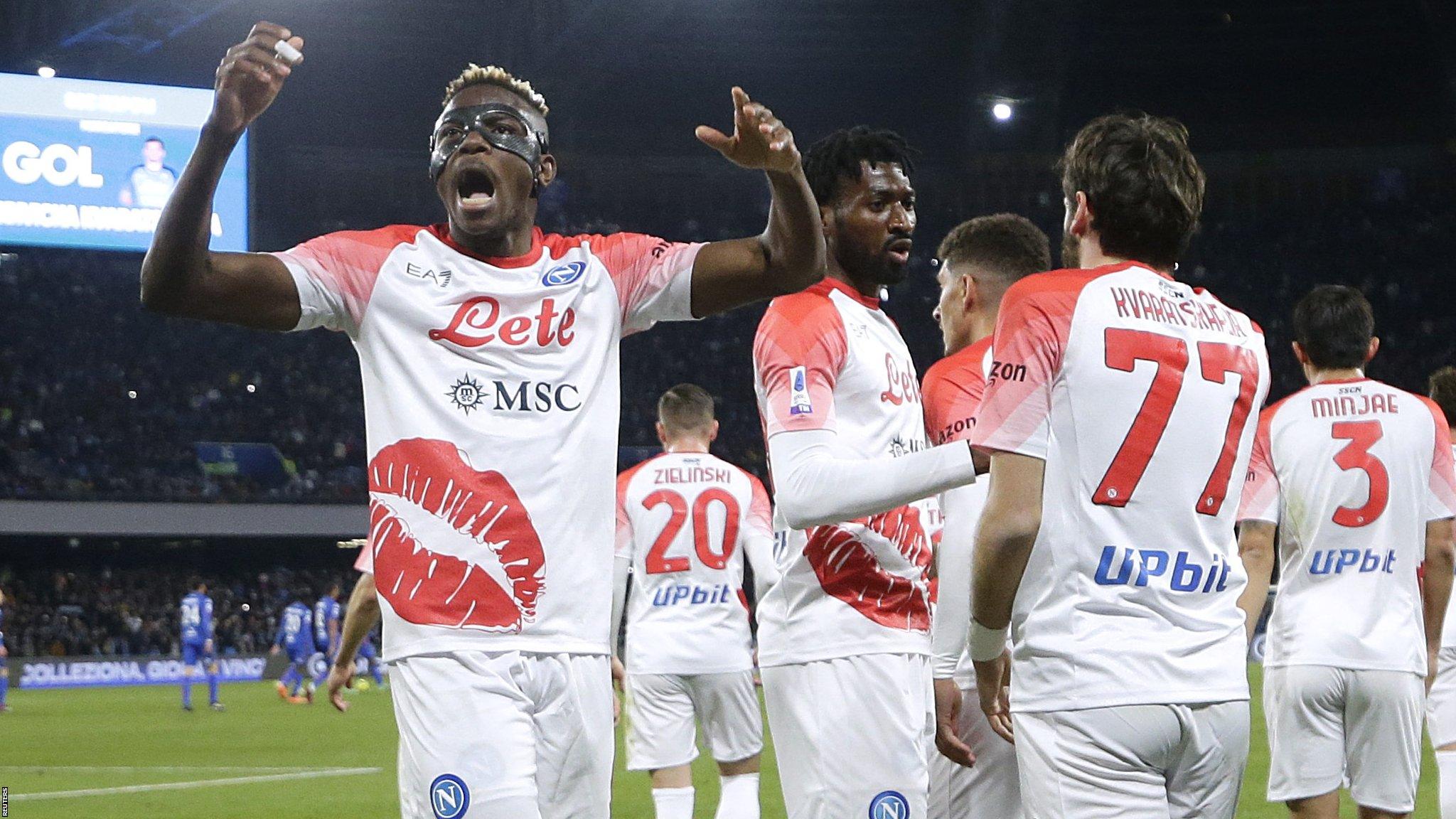 Napoli's Victor Osimhen celebrates their first goal scored by Khvicha Kvaratskhelia