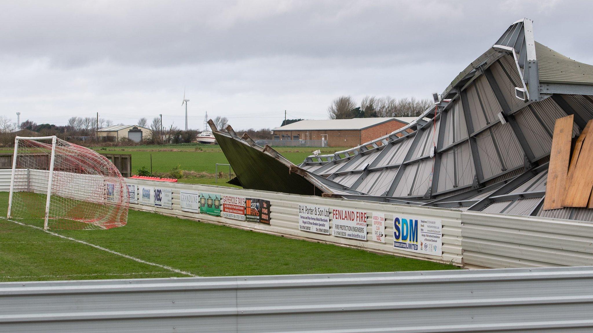 Wisbech Town FC's damaged stand in Cambridgeshire