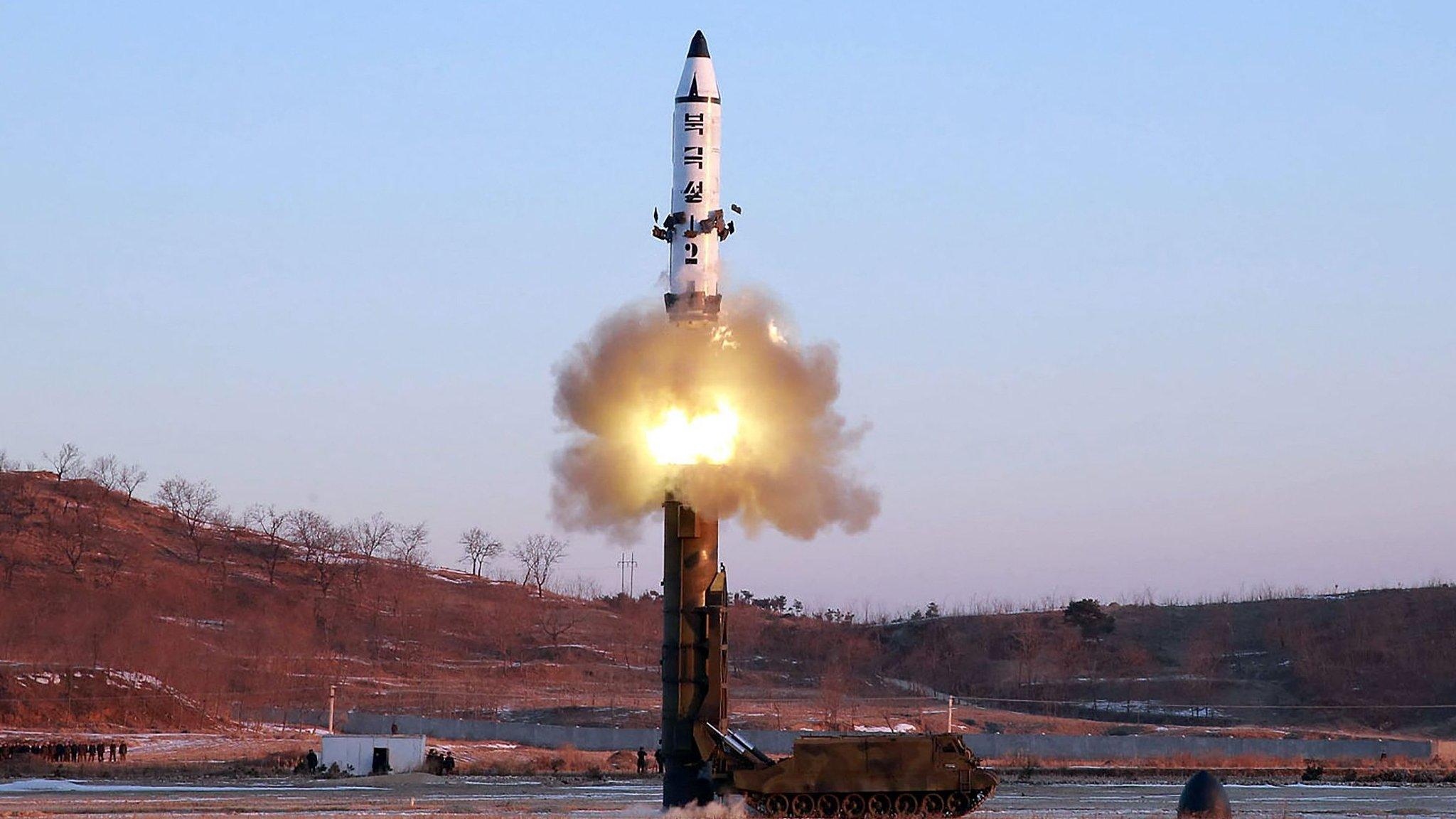 Launch of a surface-to-surface medium long-range ballistic missile Pukguksong-2 at an undisclosed location in North Korea. 12 Feb 2017