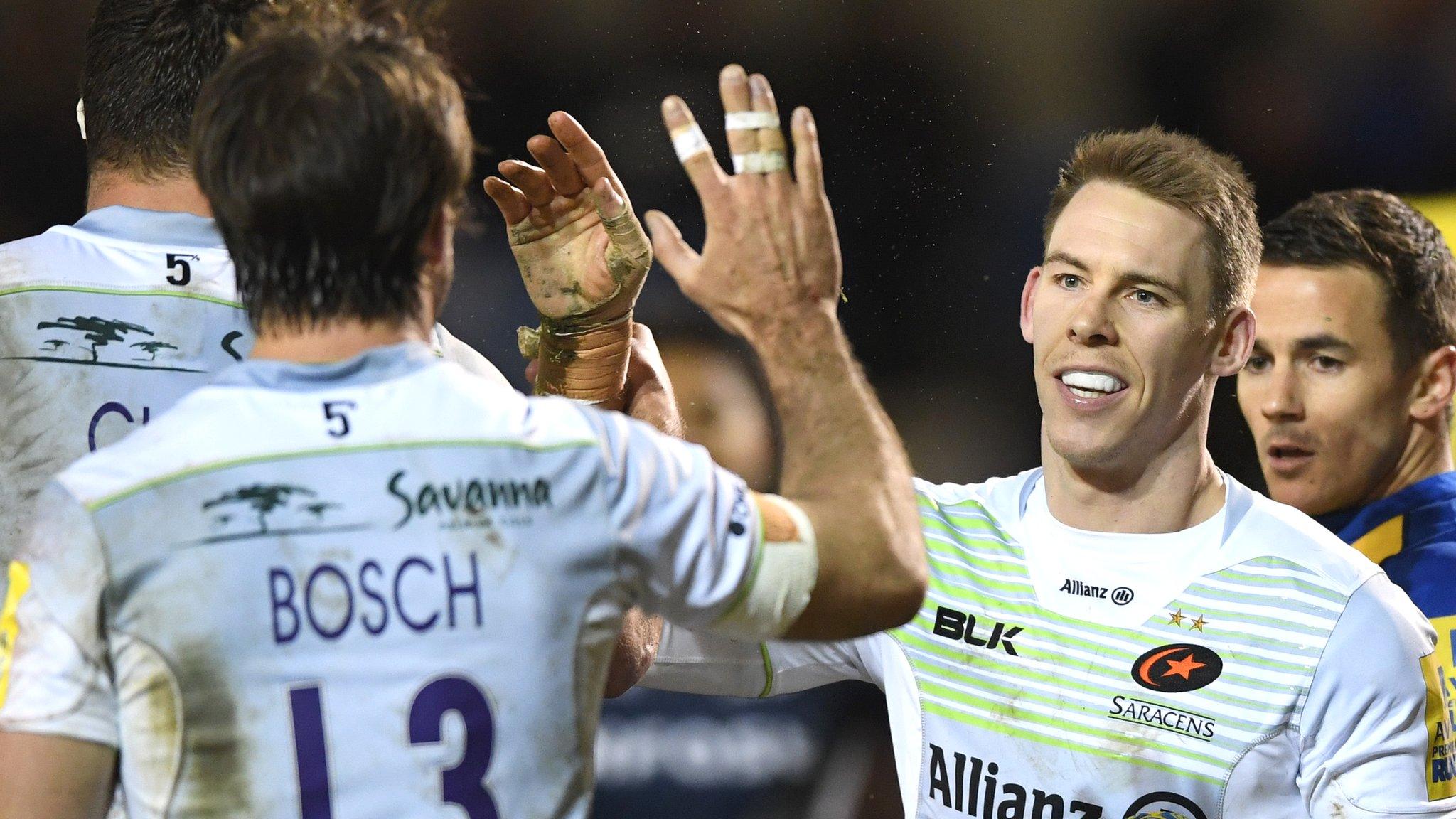 Liam Williams celebrates his try with his Saracens team-mates