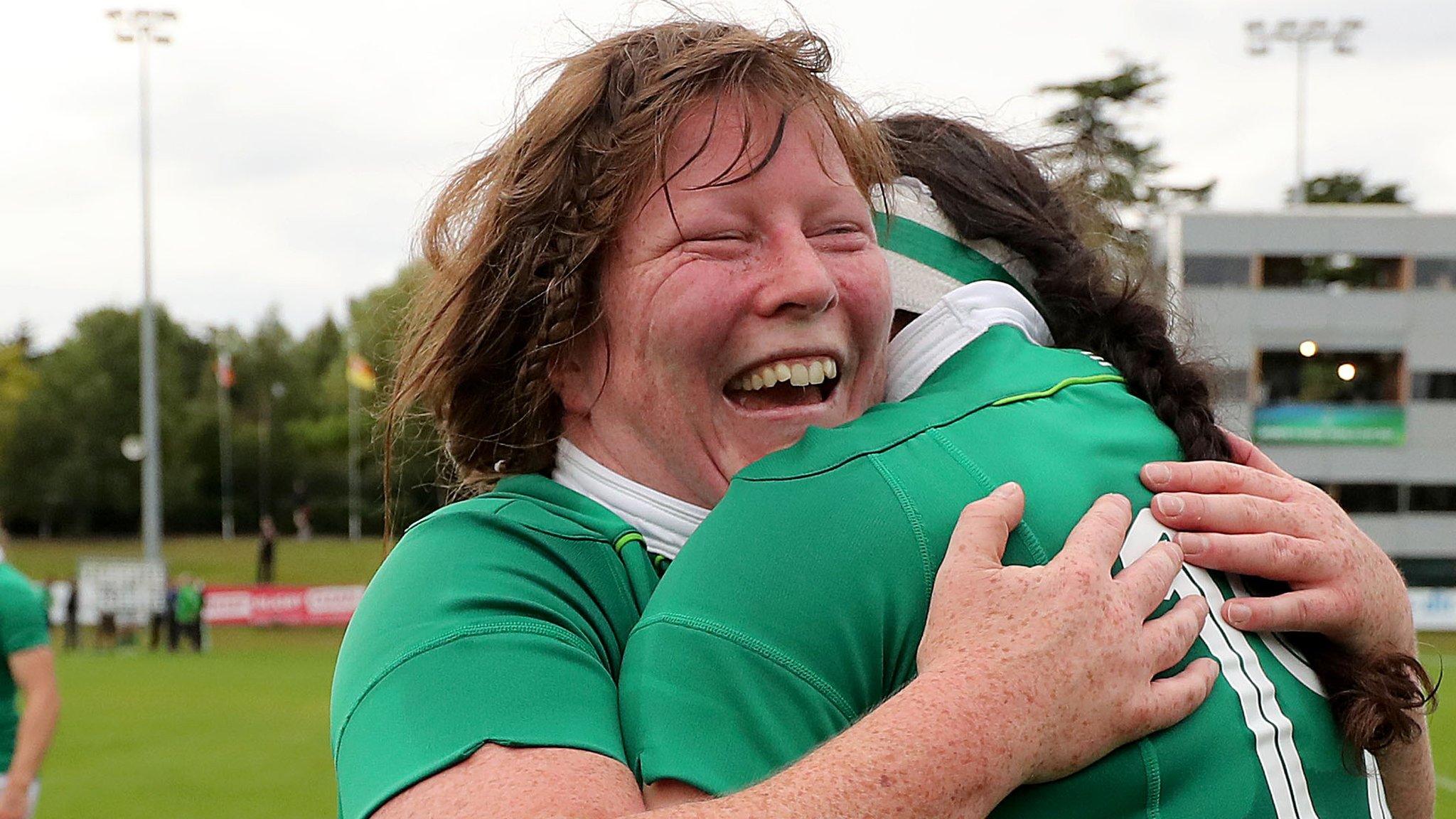 Ruth O'Reilly (left) celebrates with Paula Fitzpatrick after Ireland's World Cup victory over Japan in August