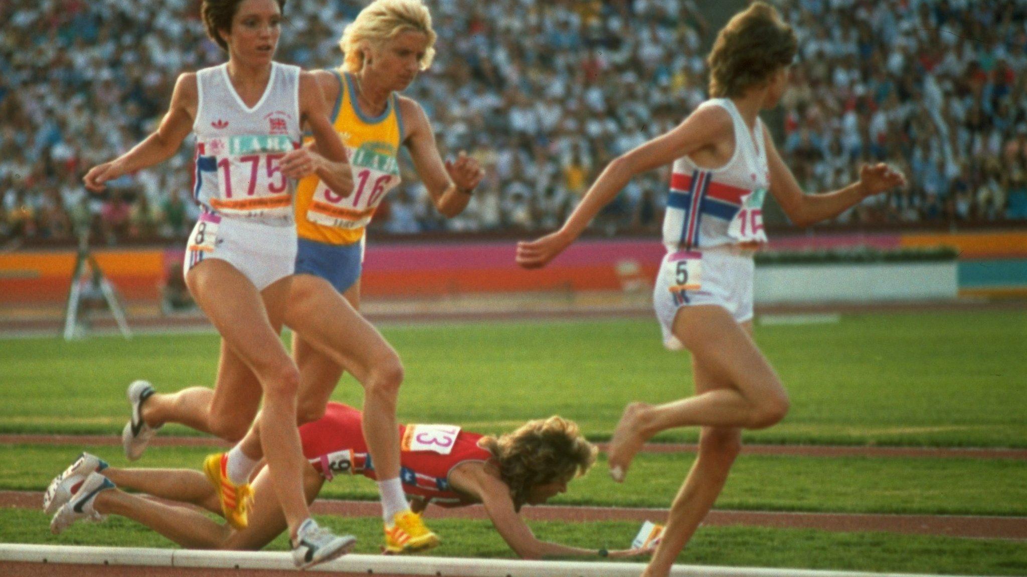 Mary Decker falls over after a collision with Zola Budd