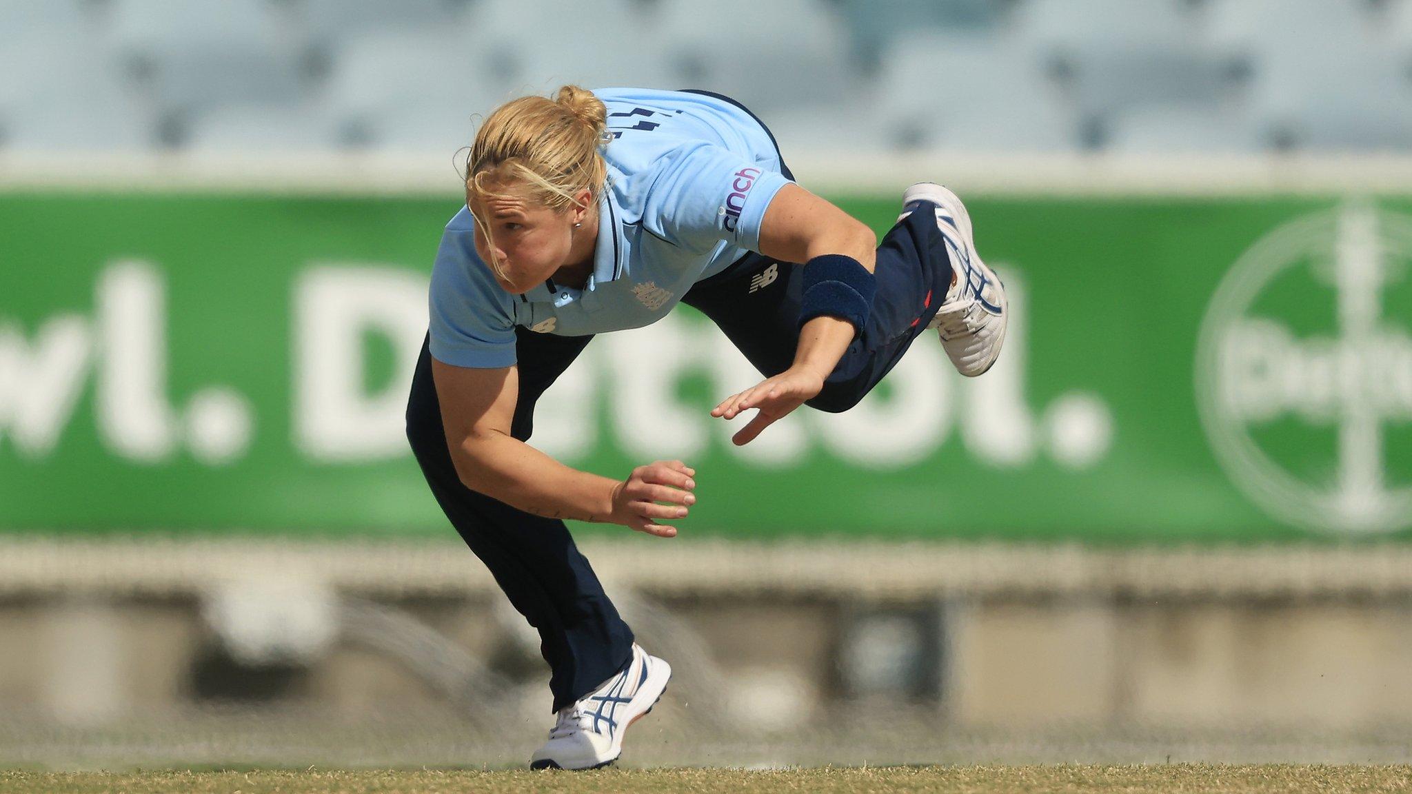 3 February, 2022, Canberra: Sciver-Brunt stumbles as she bowls during game one of the Women's Ashes one-day international series between Australia and England. In the white-ball game, Brunt took 170 wickets in 141 ODIs and 114 wickets in 112 T20 internationals.