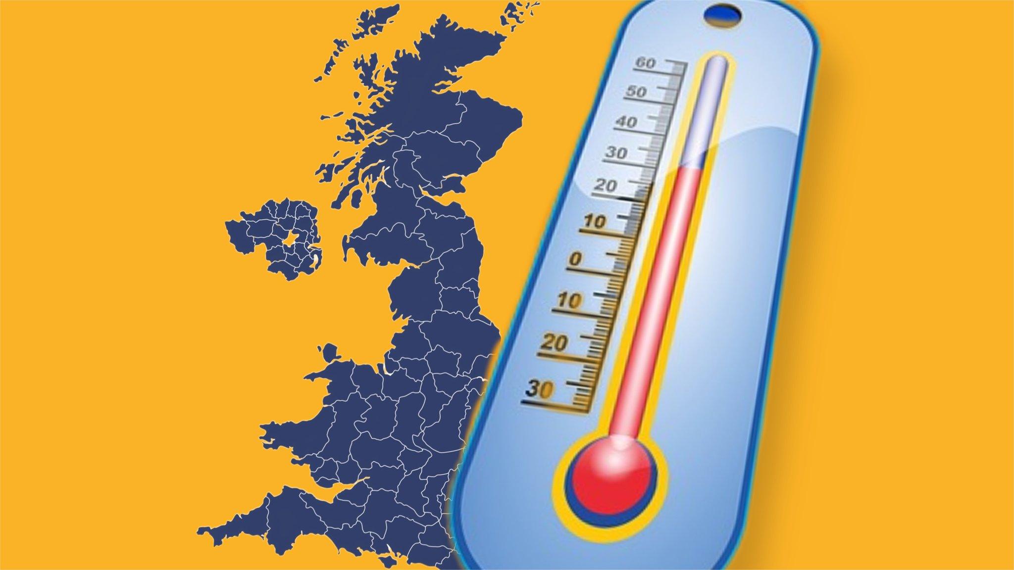 Map of UK with thermometer.