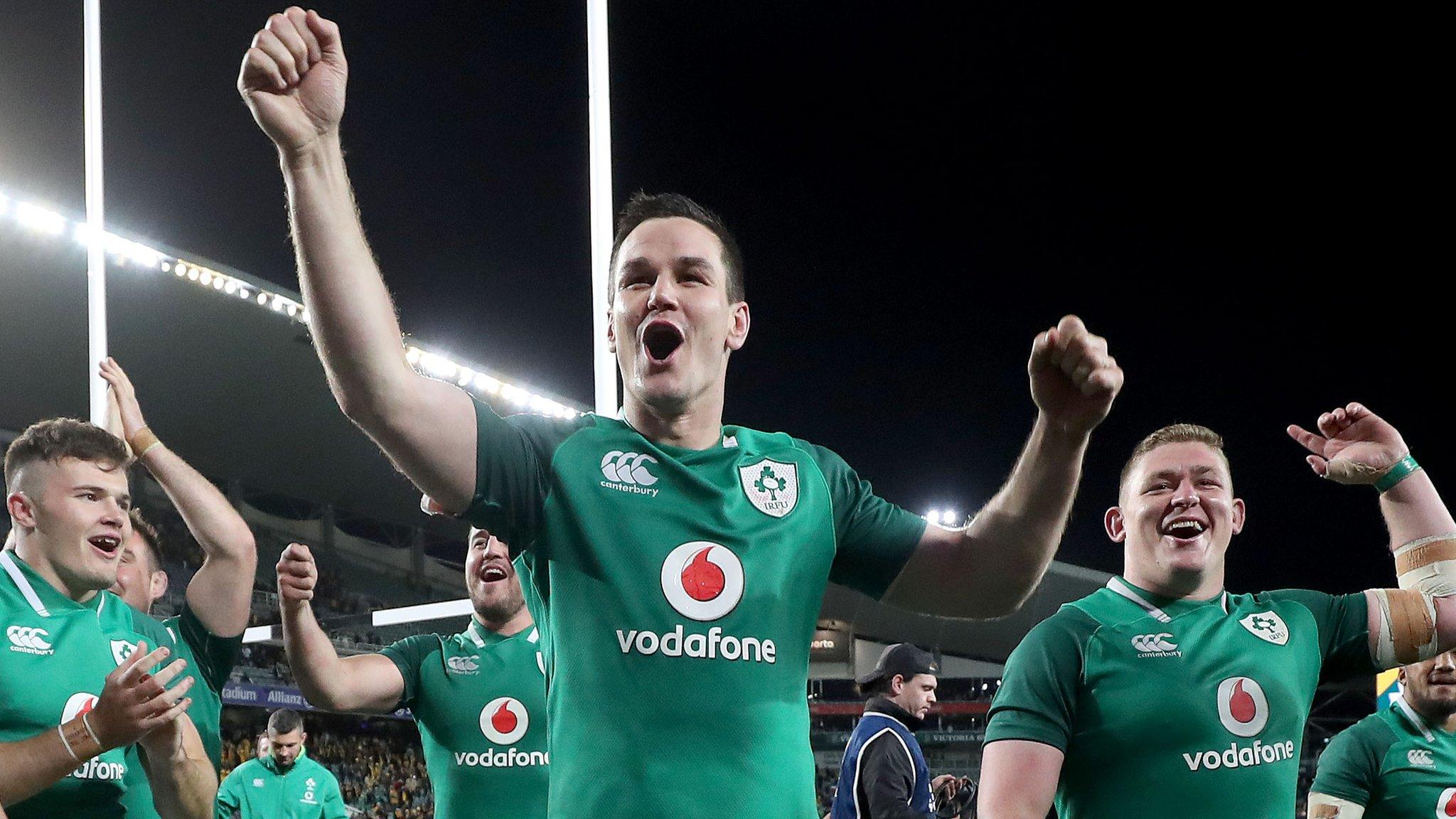 Jacob Stockdale, Johnny Sexton and Tadhg Furlong celebrate Ireland's Test series win over Australia