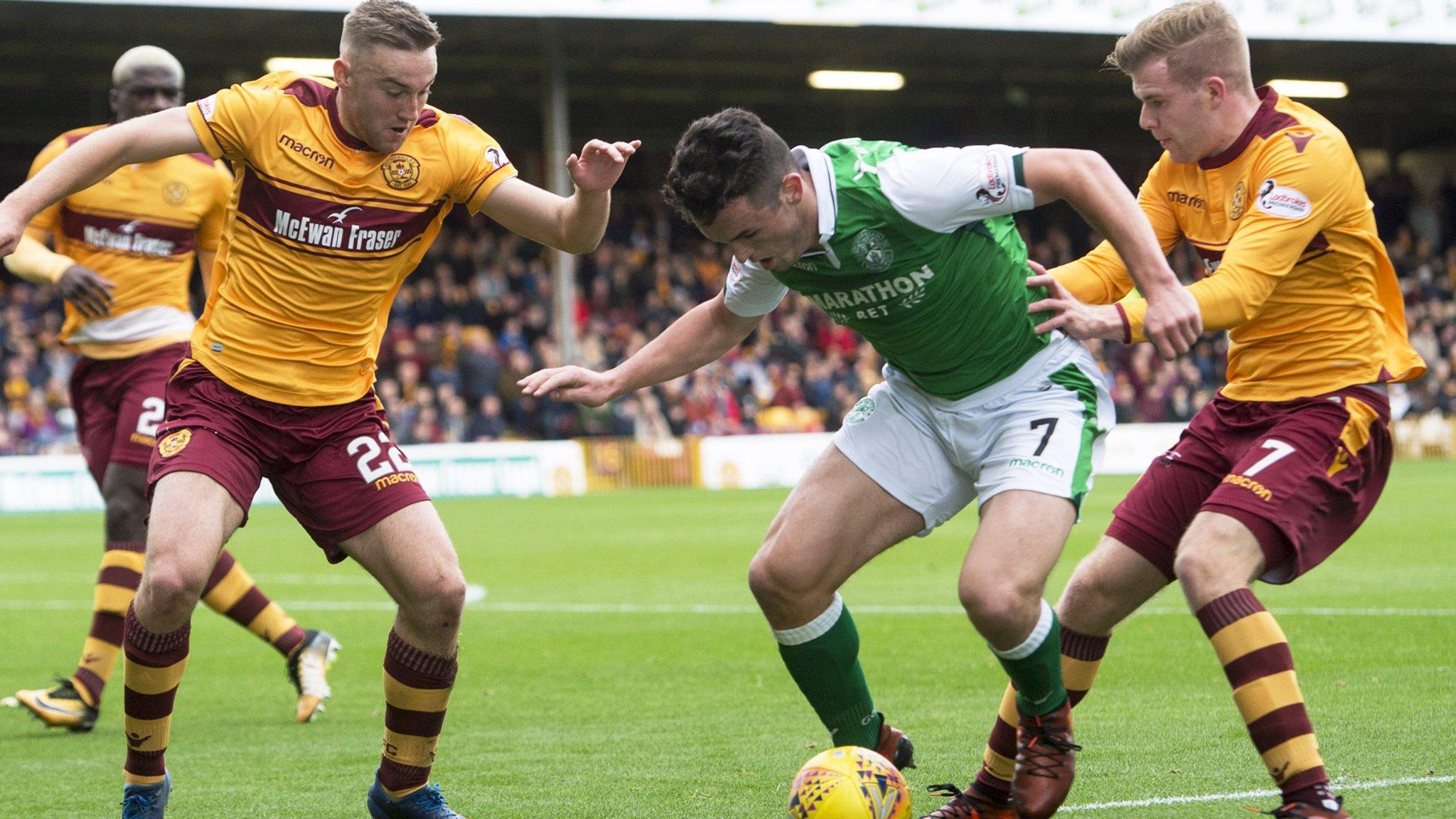 Hibs' John McGinn is watched closely by Allan Campbell and Chris Cadden