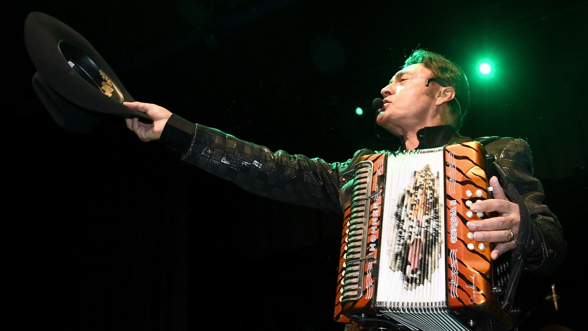 orge Hernandez of the band Los Tigres del Norte performs at the Nevada Democratic Party's election results watch party at the Aria Resort & Casino on November 8, 2016 in Las Vegas, Nevada.