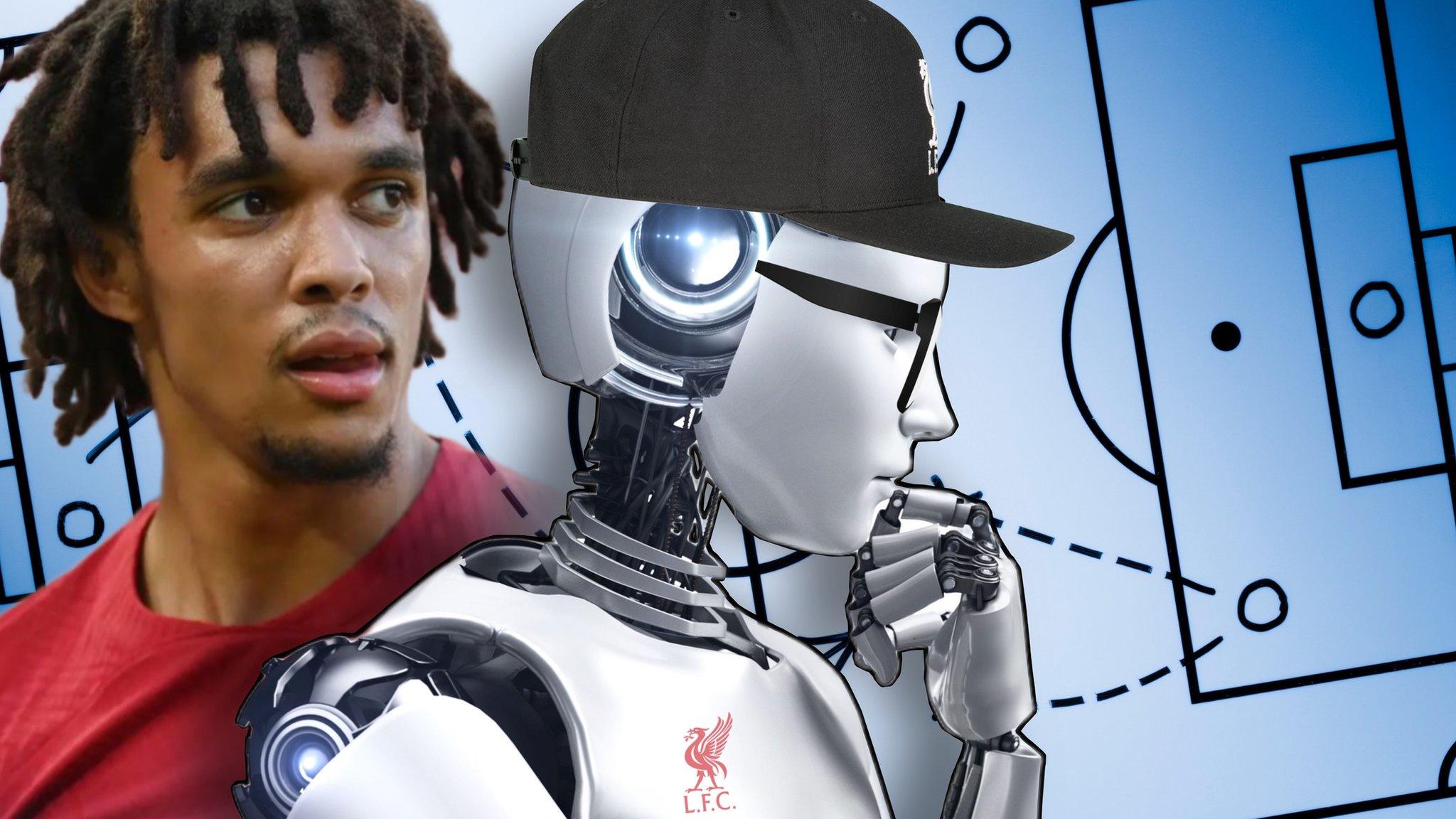 Trent Alexander-Arnold and a robot Jurgen Klopp in front of a football tactics board.