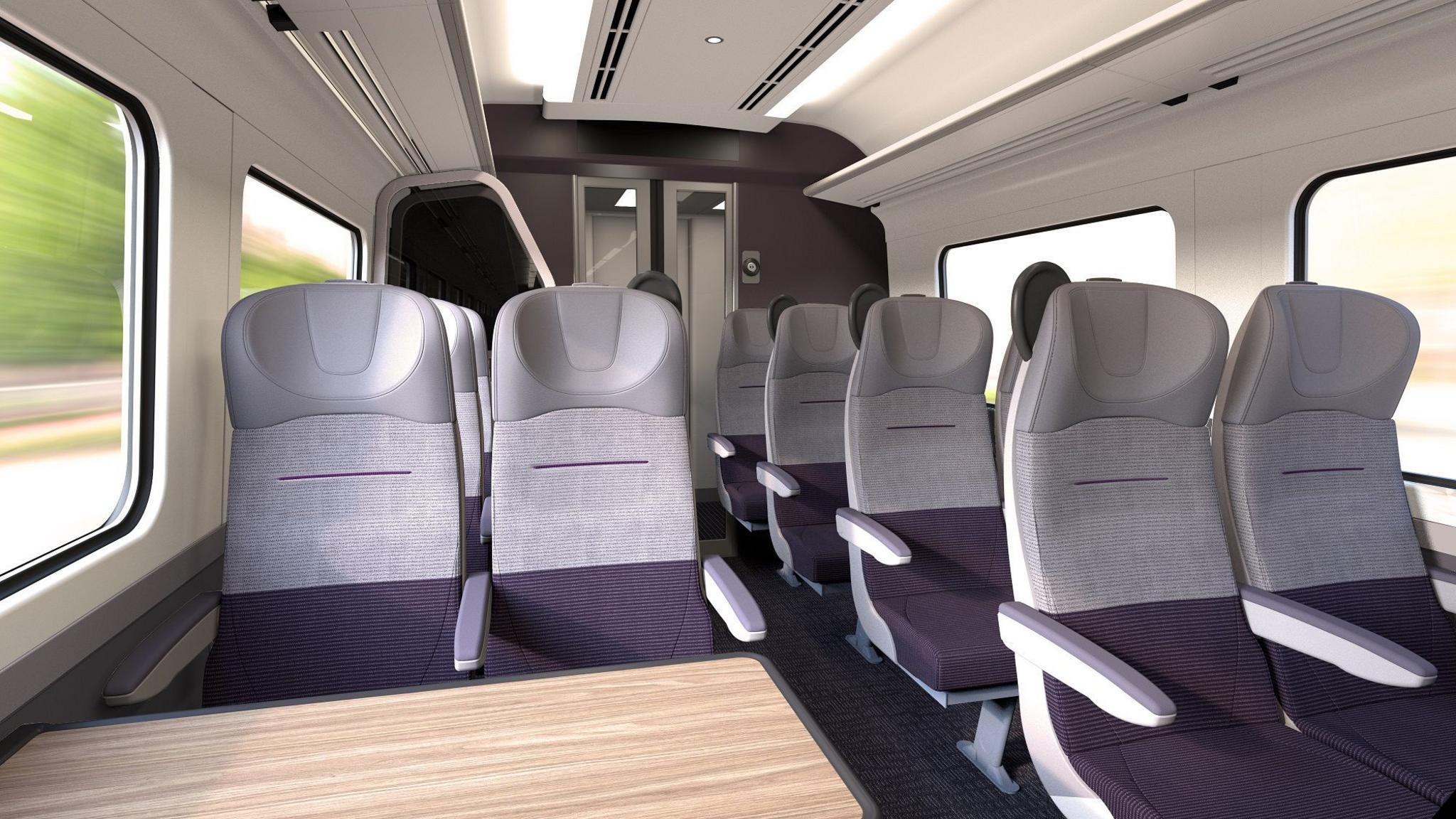 The refurbished seating of a train carriage