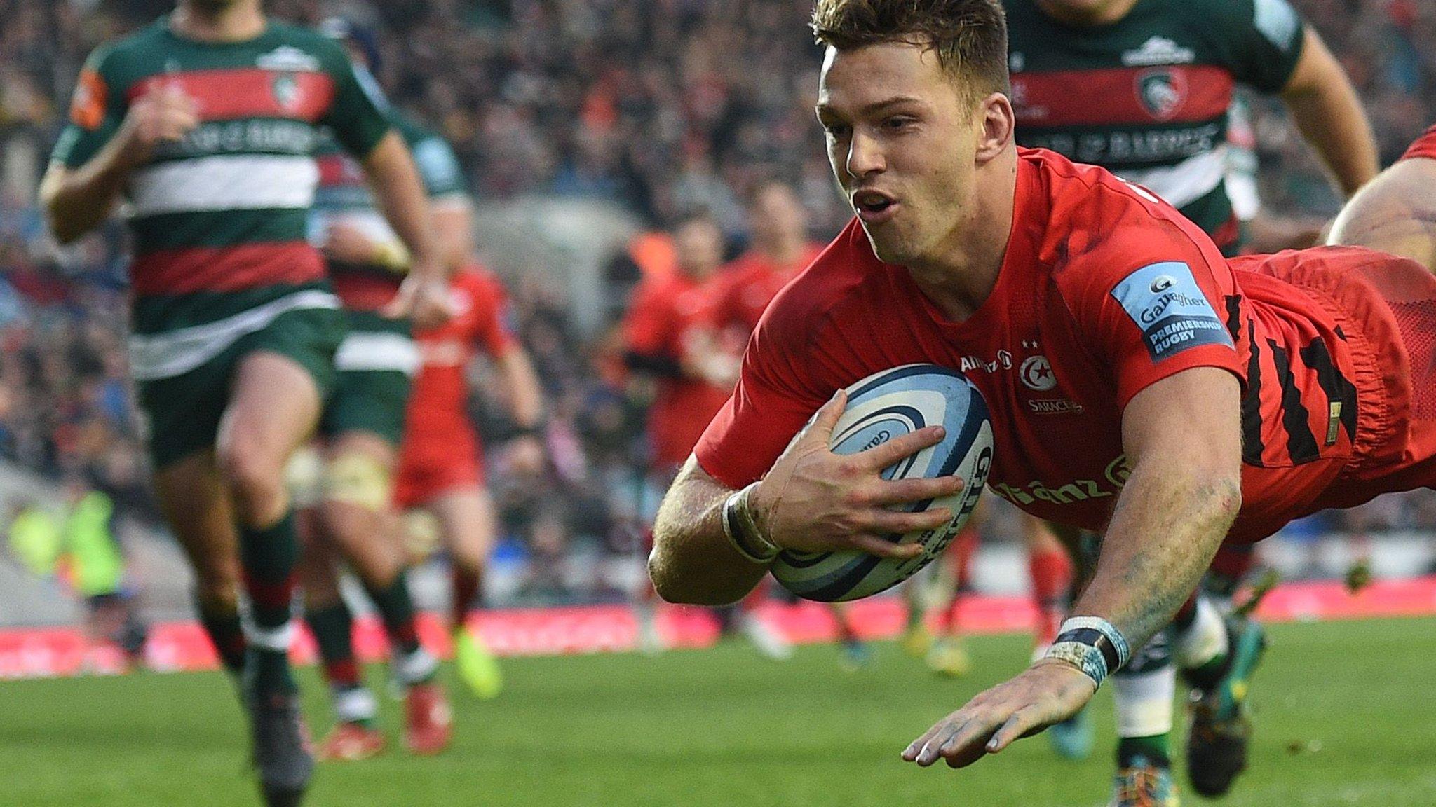 Alex Lewington scores for Saracens at Leicester