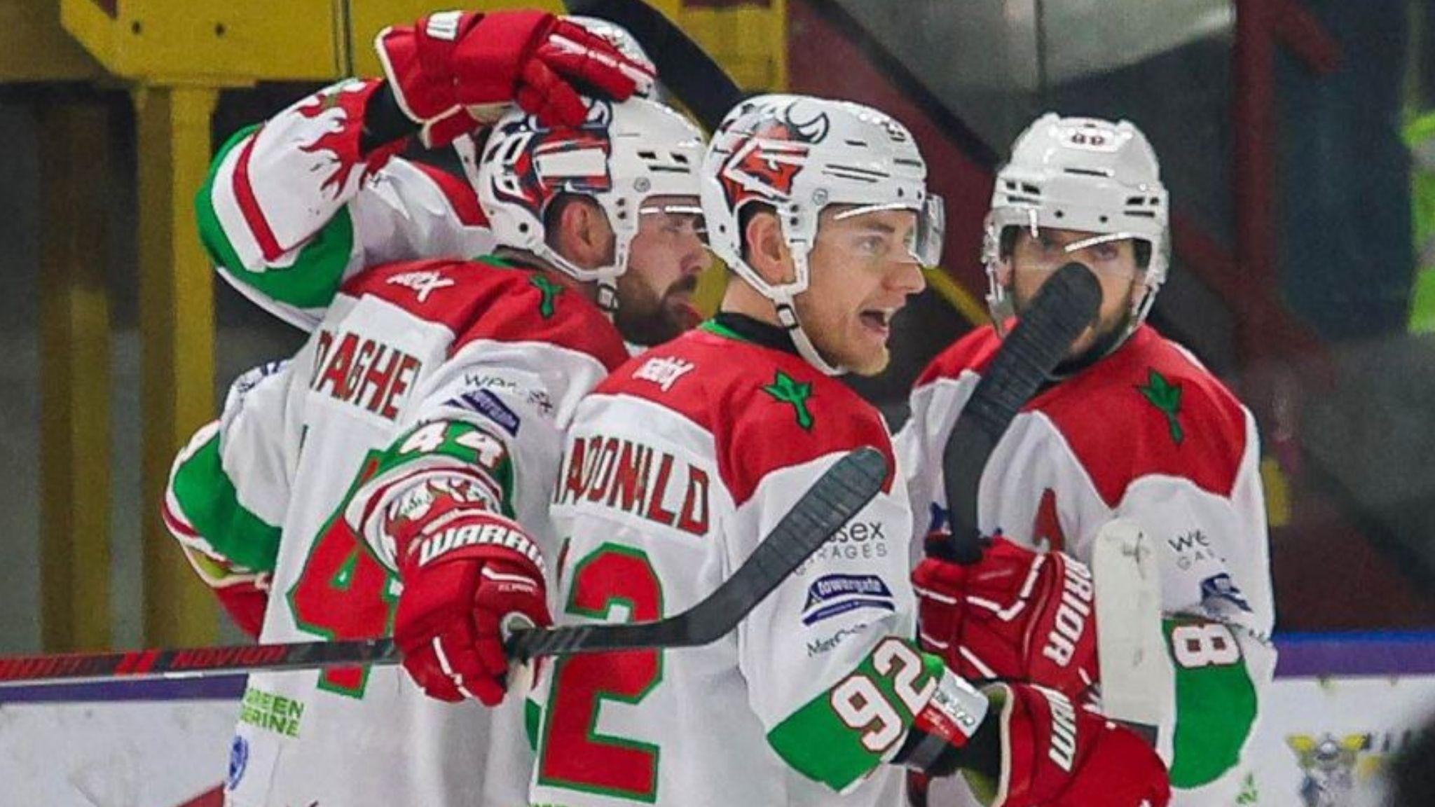 Cardiff Devils players celebrate Cody Donaghey's goal at Manchester